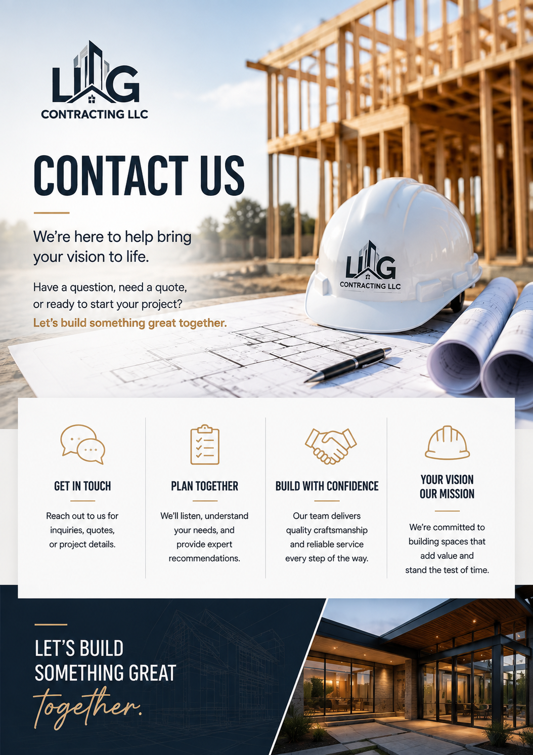 A construction company's website homepage featuring a background image of a building under construction, a white safety helmet with the company's logo, blueprints, and a pen on a table. There are sections with icons and text about contact, planning, confidence, and mission, with a call to action to collaborate.