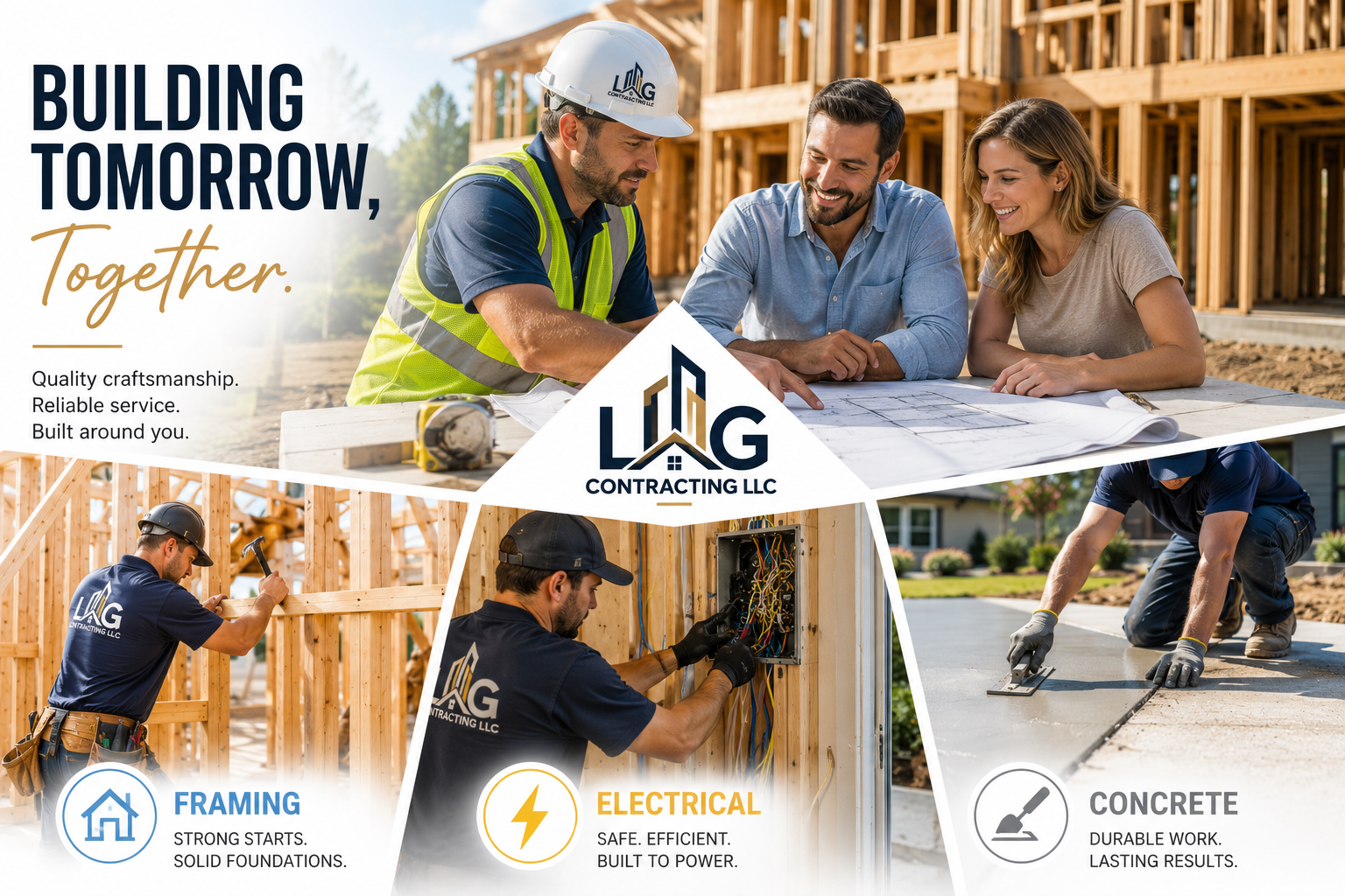 A promotional collage for LLG Contracting LLC featuring three main scenes: a team reviewing blueprints at a construction site, a worker wiring an electrical panel, and a worker laying concrete. The collage highlights services including framing, electrical, and concrete work, with text emphasizing craftsmanship, reliability, and durability.