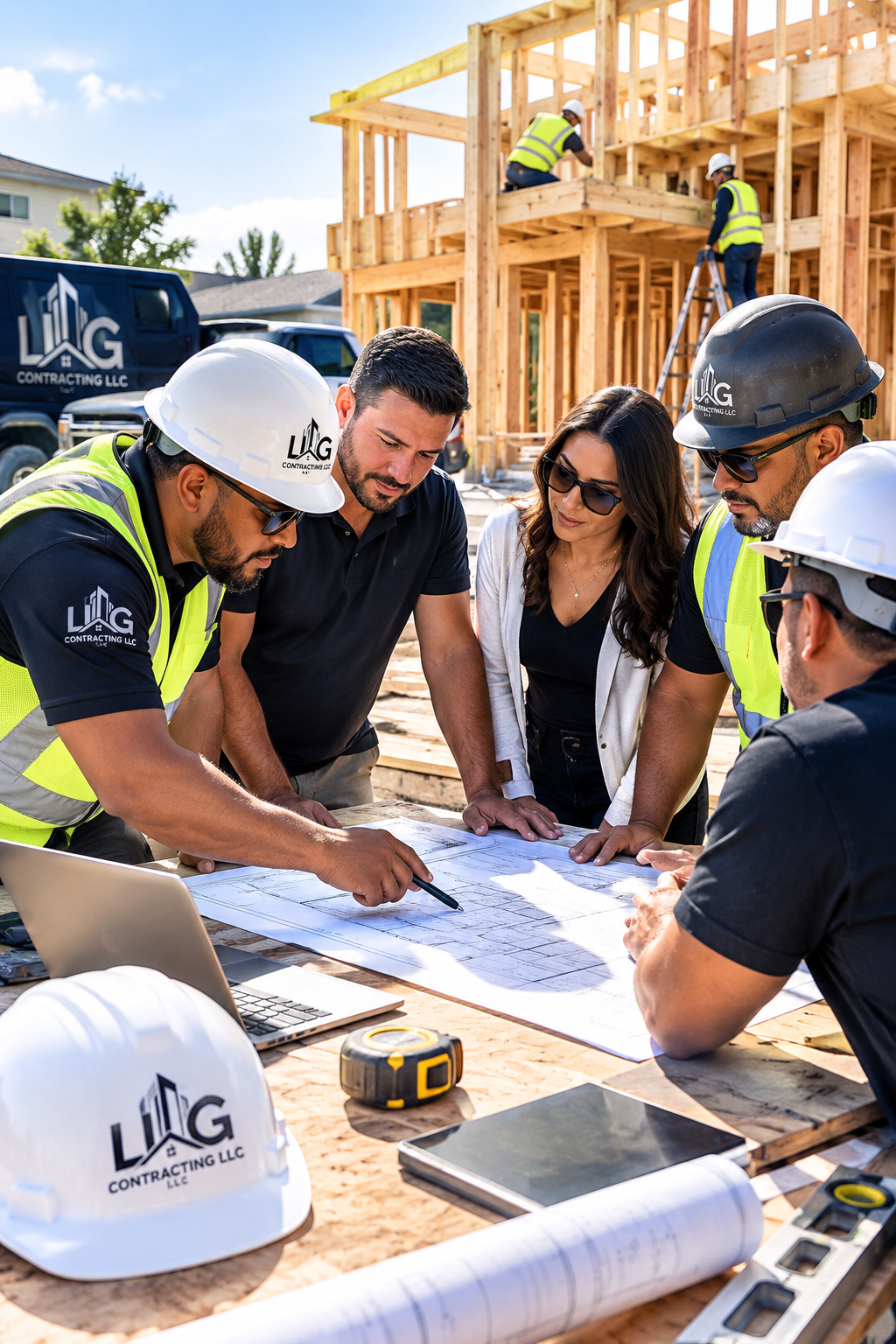 Construction workers and architects discussing blueprints at a building site with a wooden frame structure, during daytime.