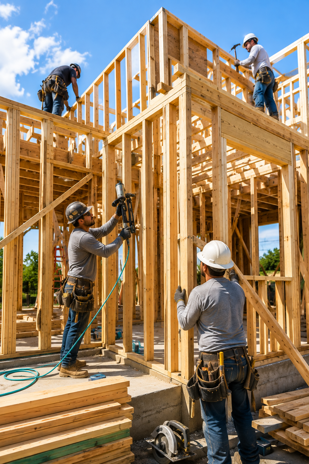 Construction workers building a wooden house frame outdoors on a sunny day.