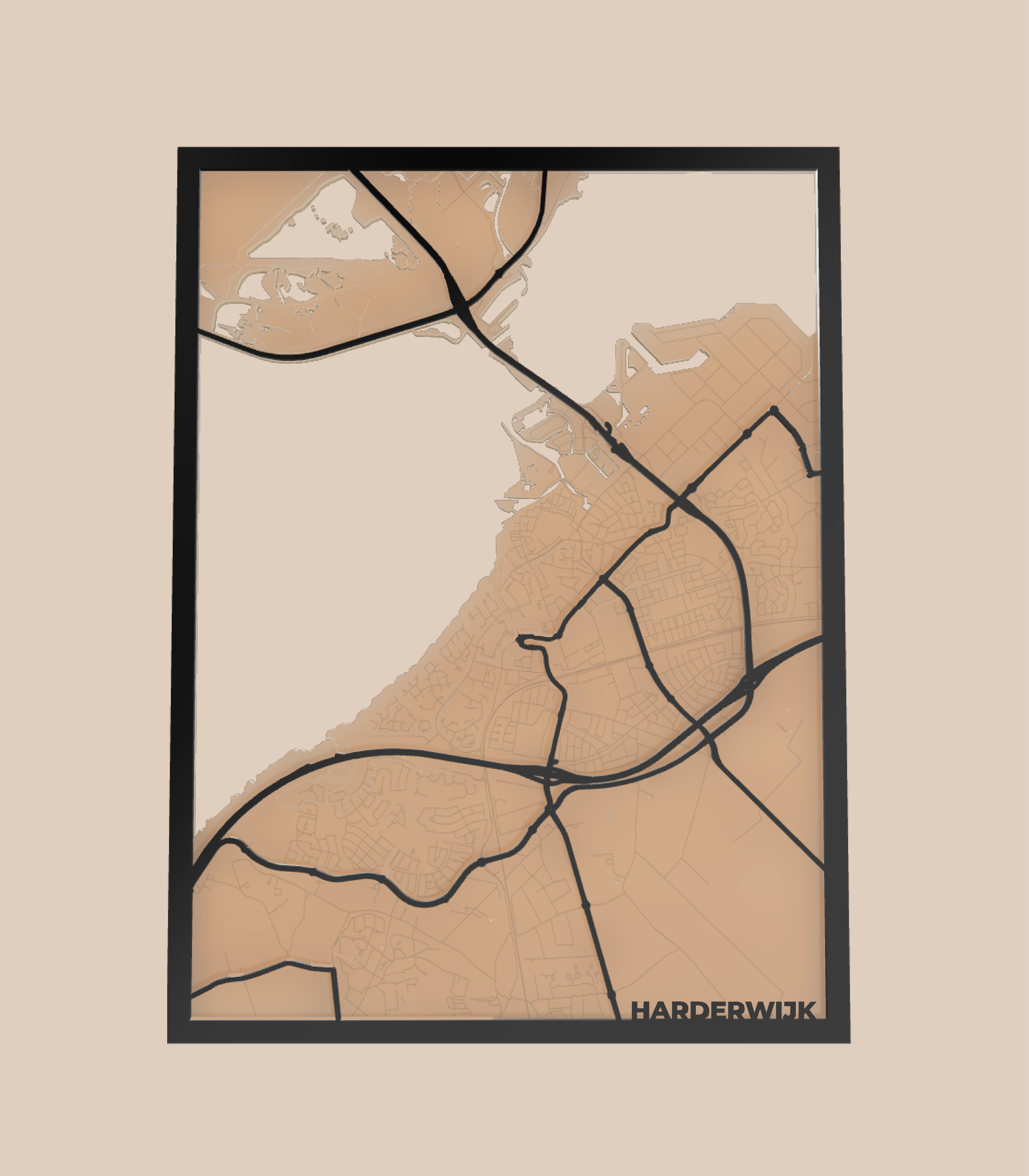 Kaart van Harderwijk met wegen en straten, achtergrond in beige en bruin tinten, onderaan de tekst 'HARDERWIJK' in zwarte letters.
