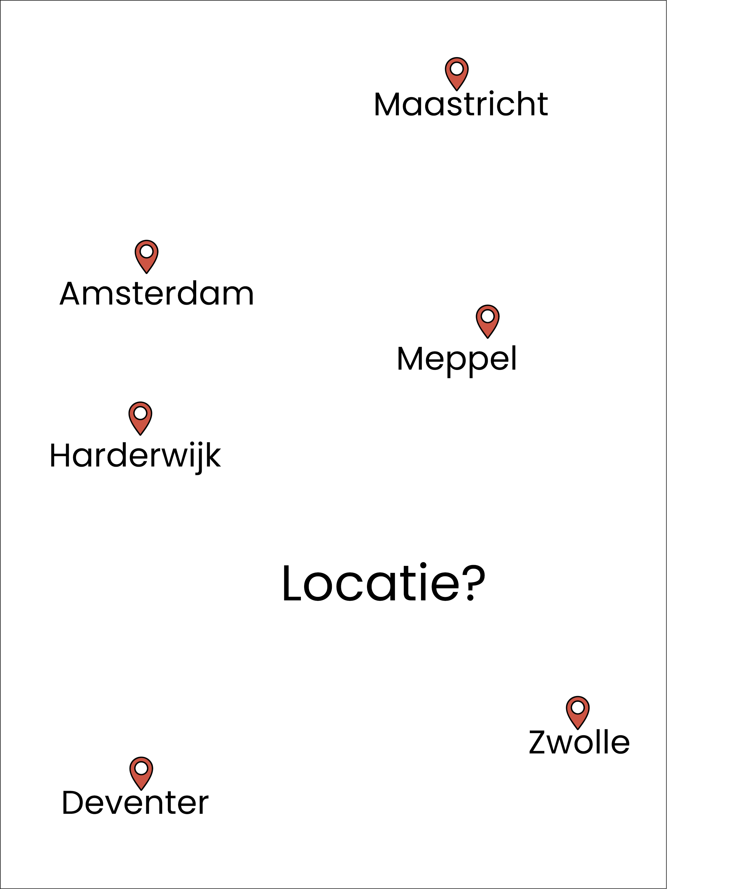 Een kaart met verschillende Nederlandse steden en hun locaties, waaronder Maastricht, Amsterdam, Harderwijk, Deventer, Meppel, Zwolle, en Zeist, met rode locatiepinnen en daarbij horende plaatsnamen.