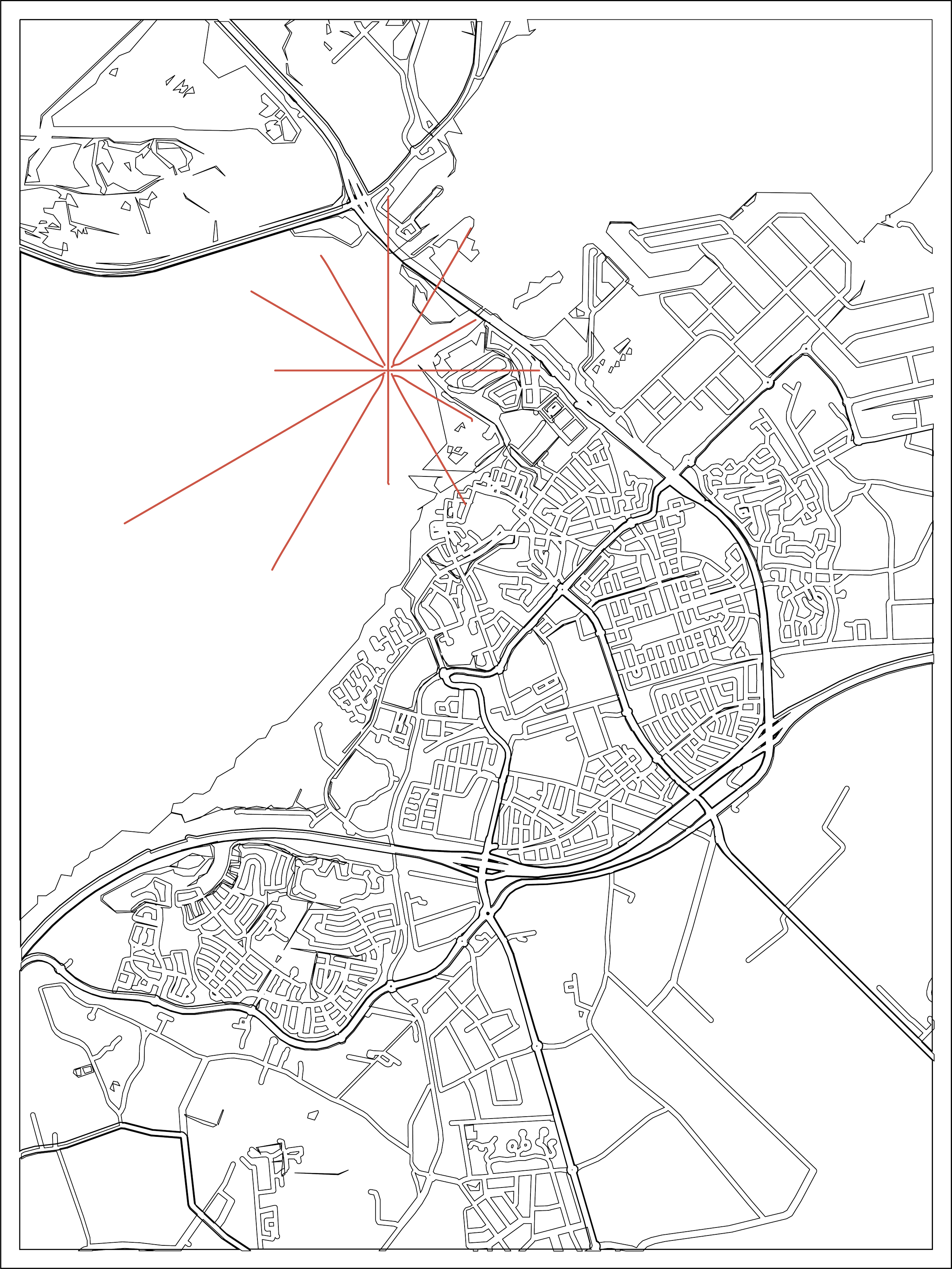 Een zwart-wit kaart van een stad met een centraal punt gemarkeerd door rode lijnen die uit het midden stralen.