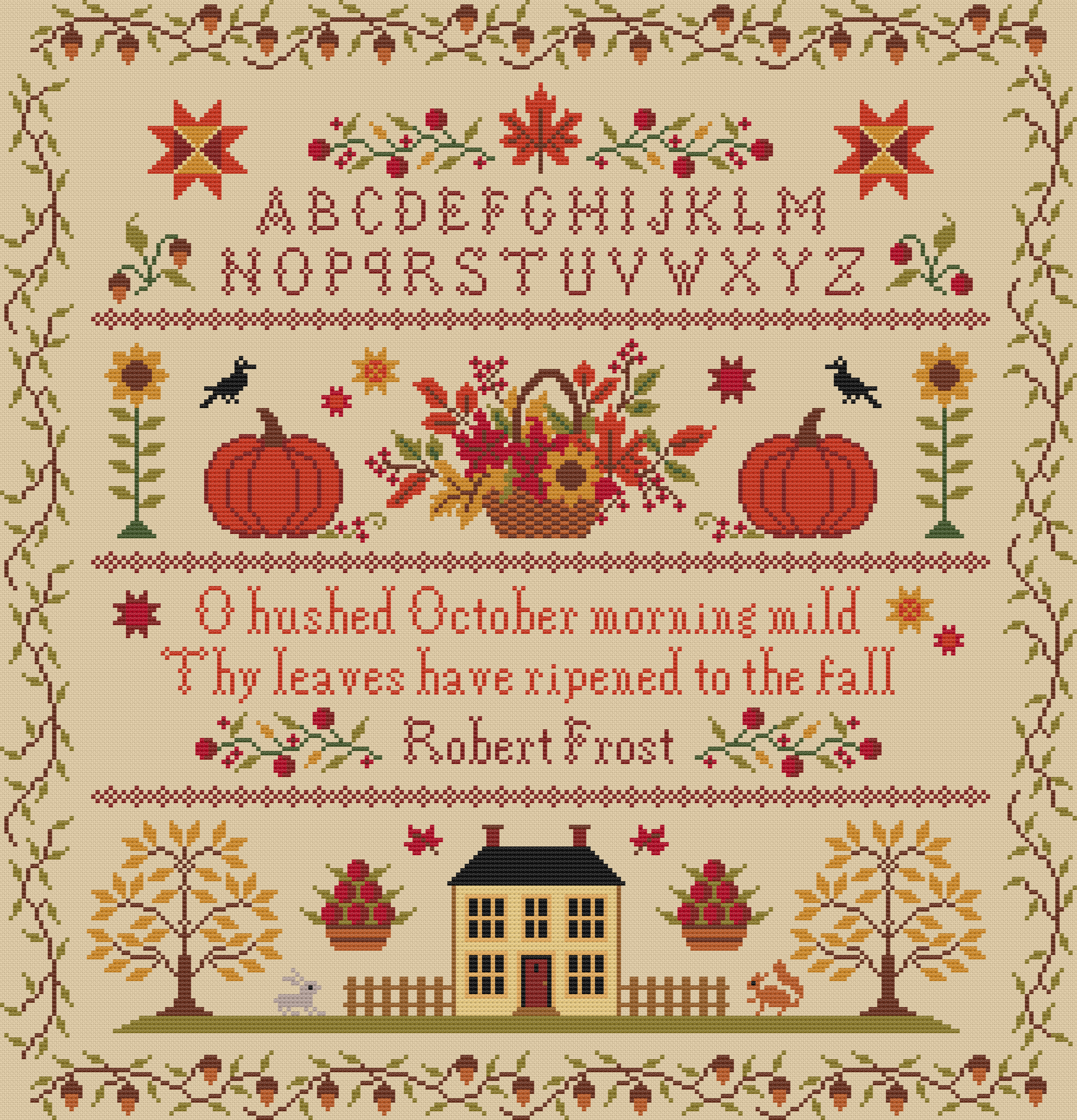 A cross-stitch pattern featuring seasonal motifs and an alphabet. The pattern includes pumpkins, flowers, a house, trees, birds, and a quote, all decorated with fall colors.