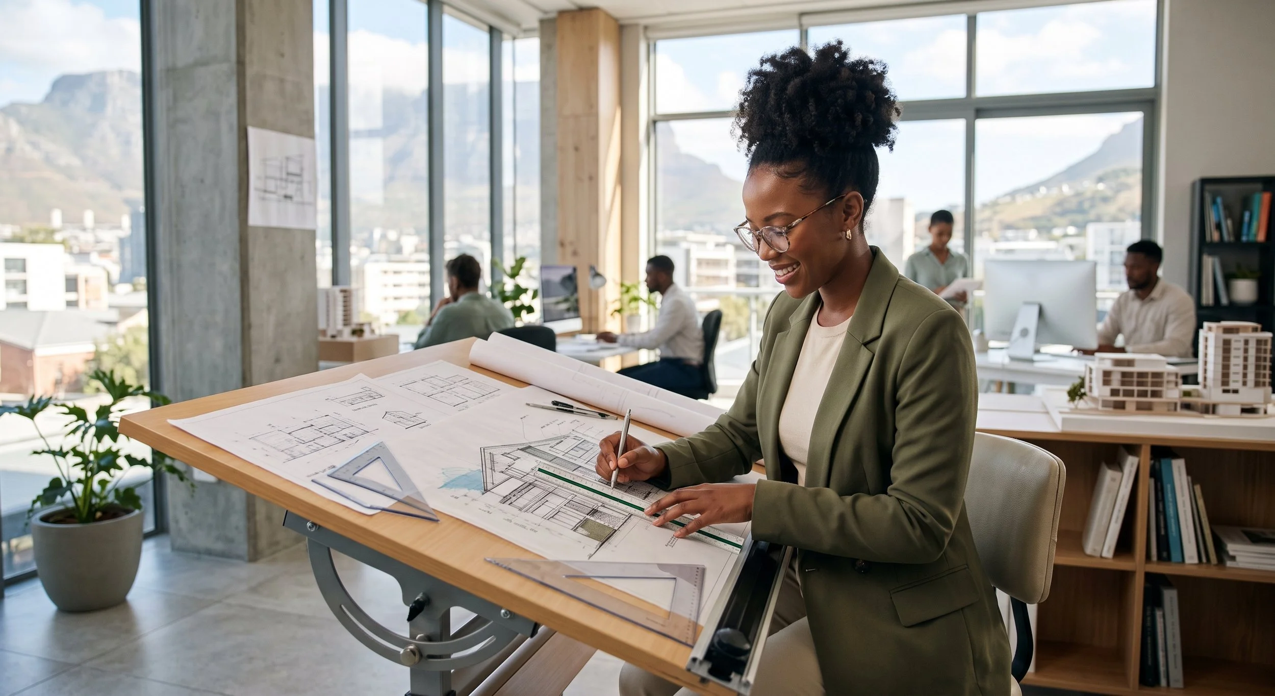 A woman with curly hair and glasses in an office, working on architectural blueprints at a drafting table, with three colleagues working at computers and architectural models in the background.