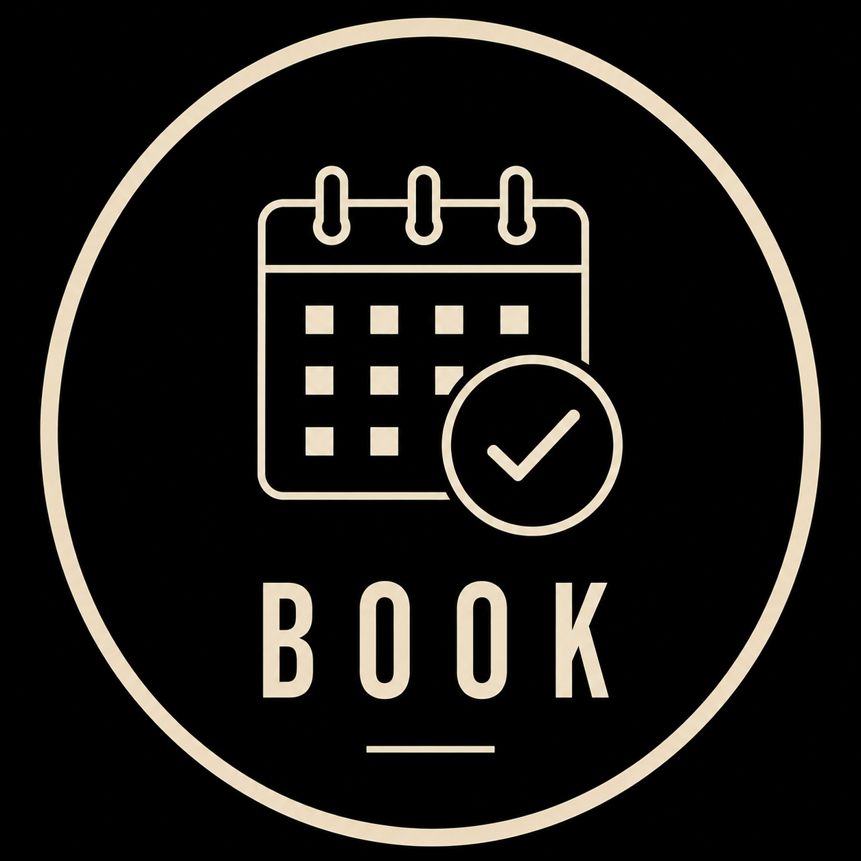 A circular icon with a calendar and check mark inside, with the word 'BOOK' underneath.