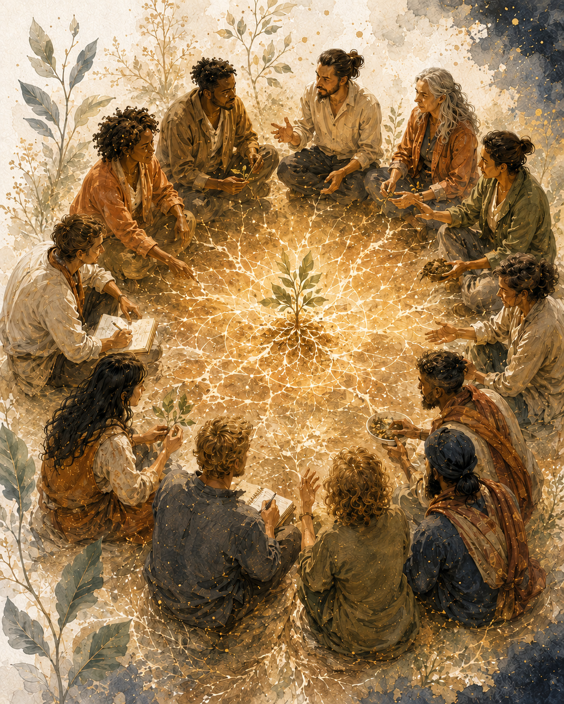 Practitioners learning and experimenting around a growing plant and luminous relational field.