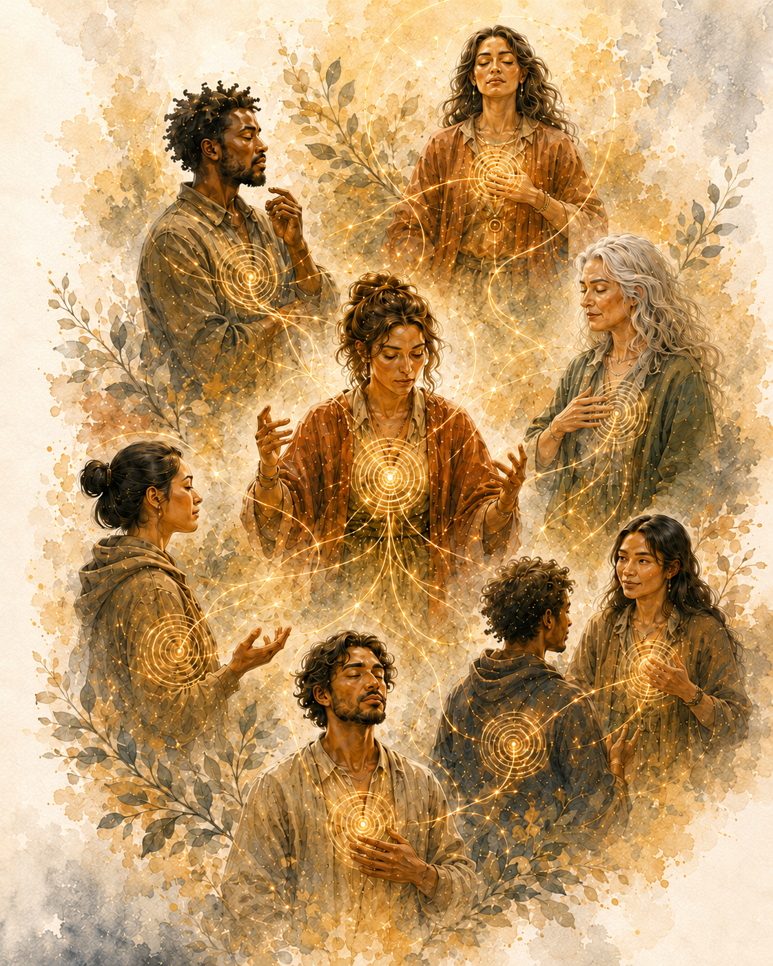 Practitioners attuning their individual presence within a connected whole.