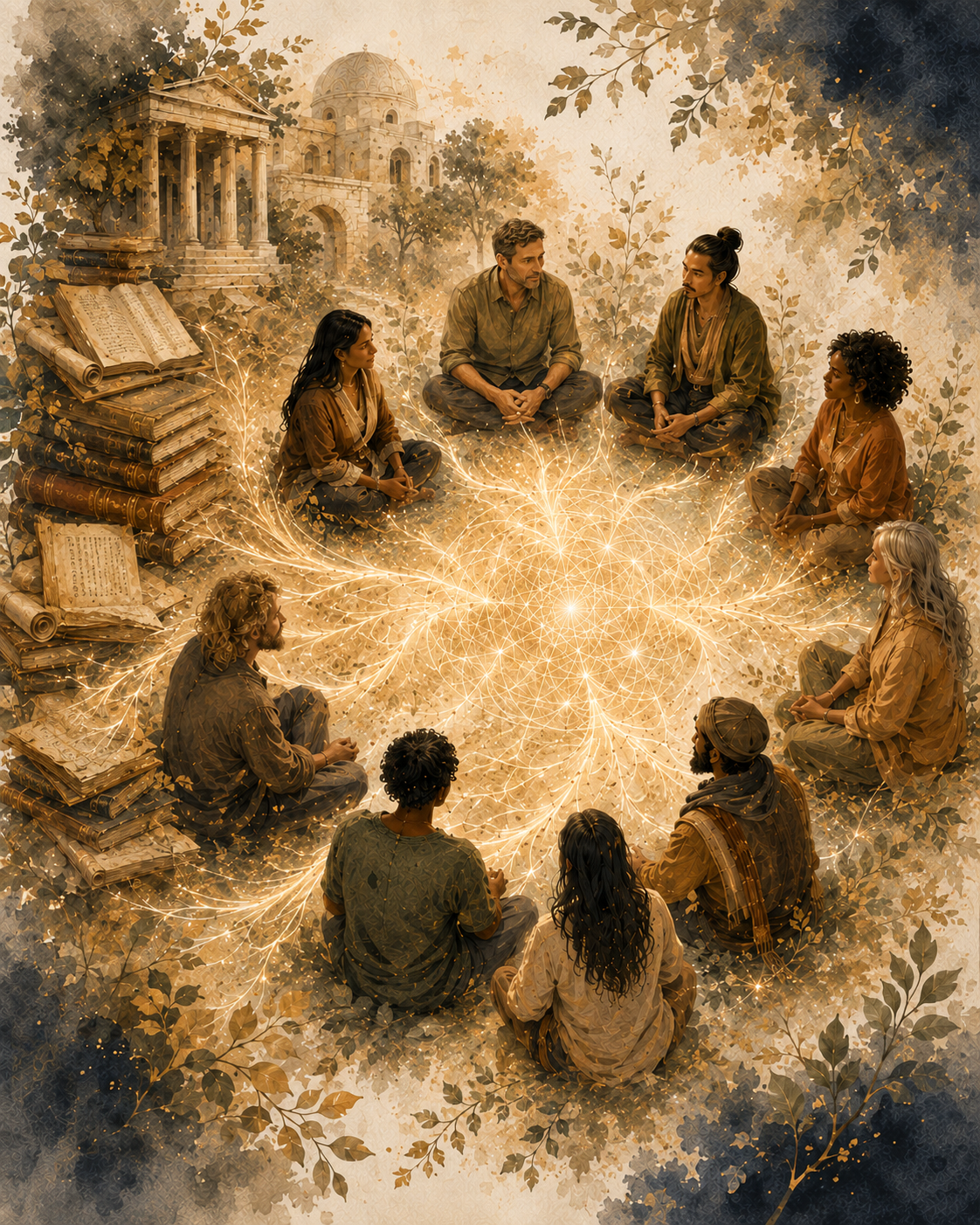 Practitioners gathered around a luminous relational field beside books and classical architecture.
