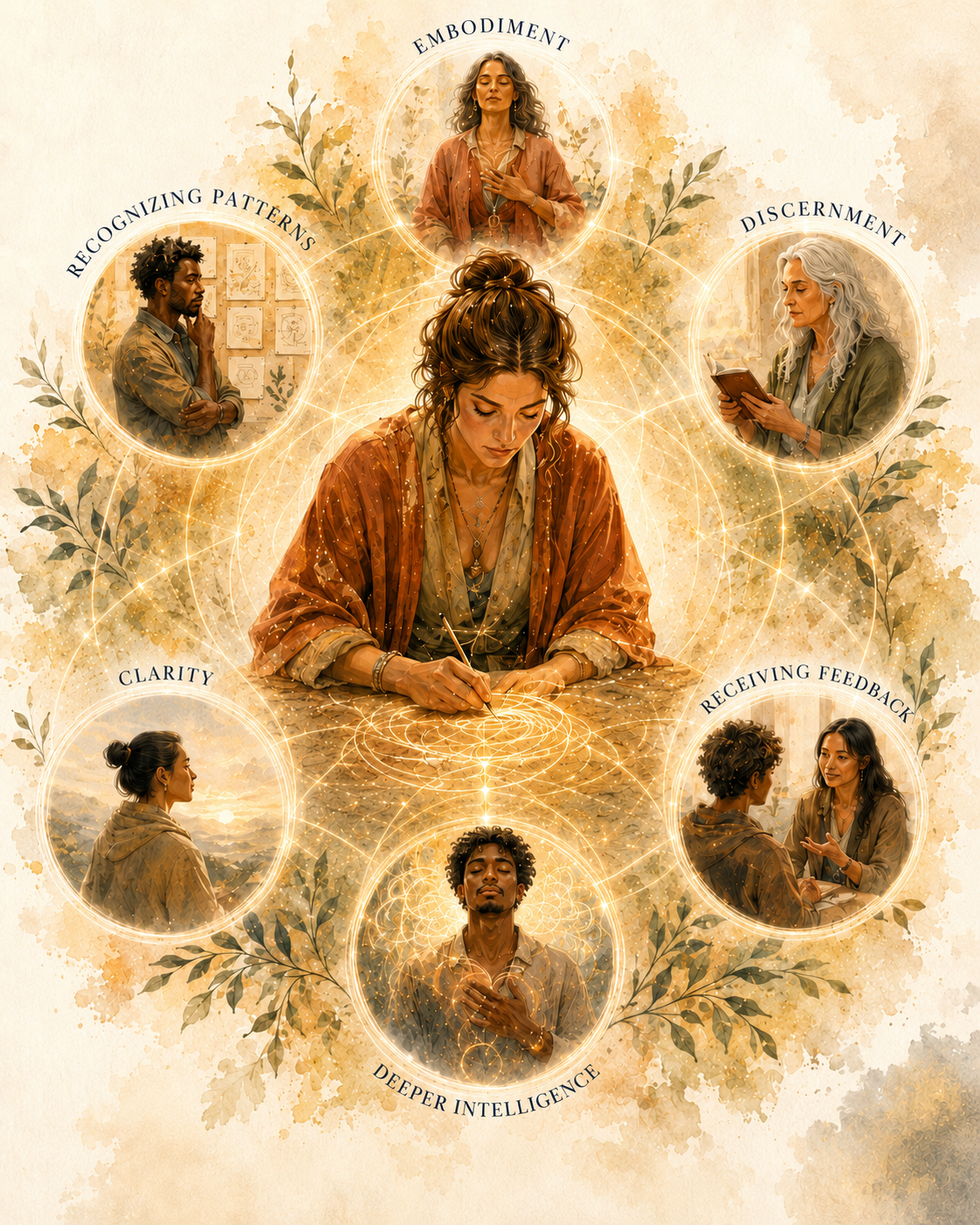 Practitioner surrounded by embodiment, pattern recognition, discernment, clarity, feedback, and deeper intelligence.