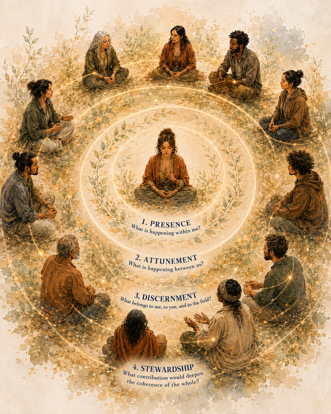 Circle of practitioners illustrating presence, attunement, discernment, and stewardship.