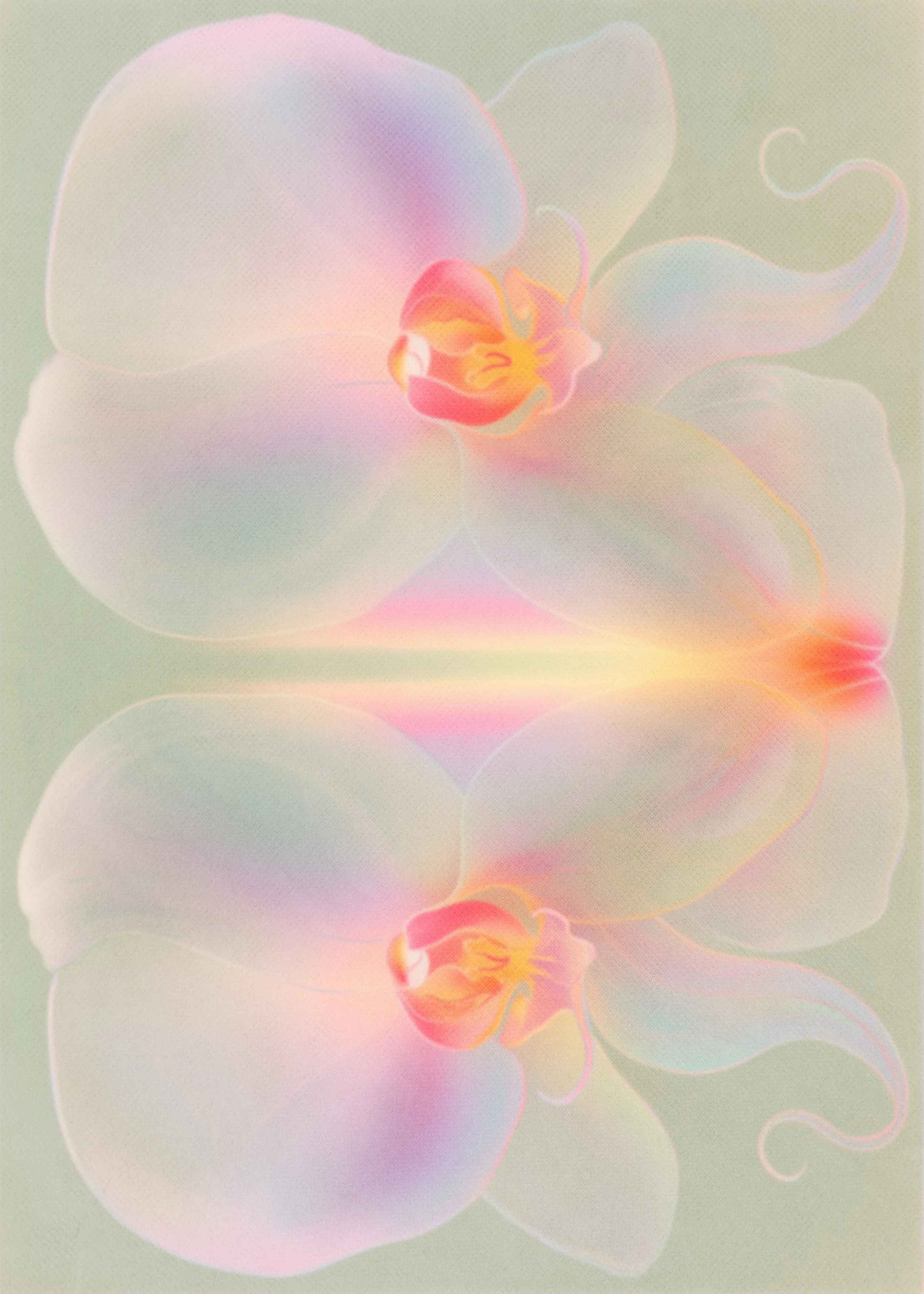 A close-up, abstract, pastel-colored image of a flower with soft pink, purple, yellow, and green hues.