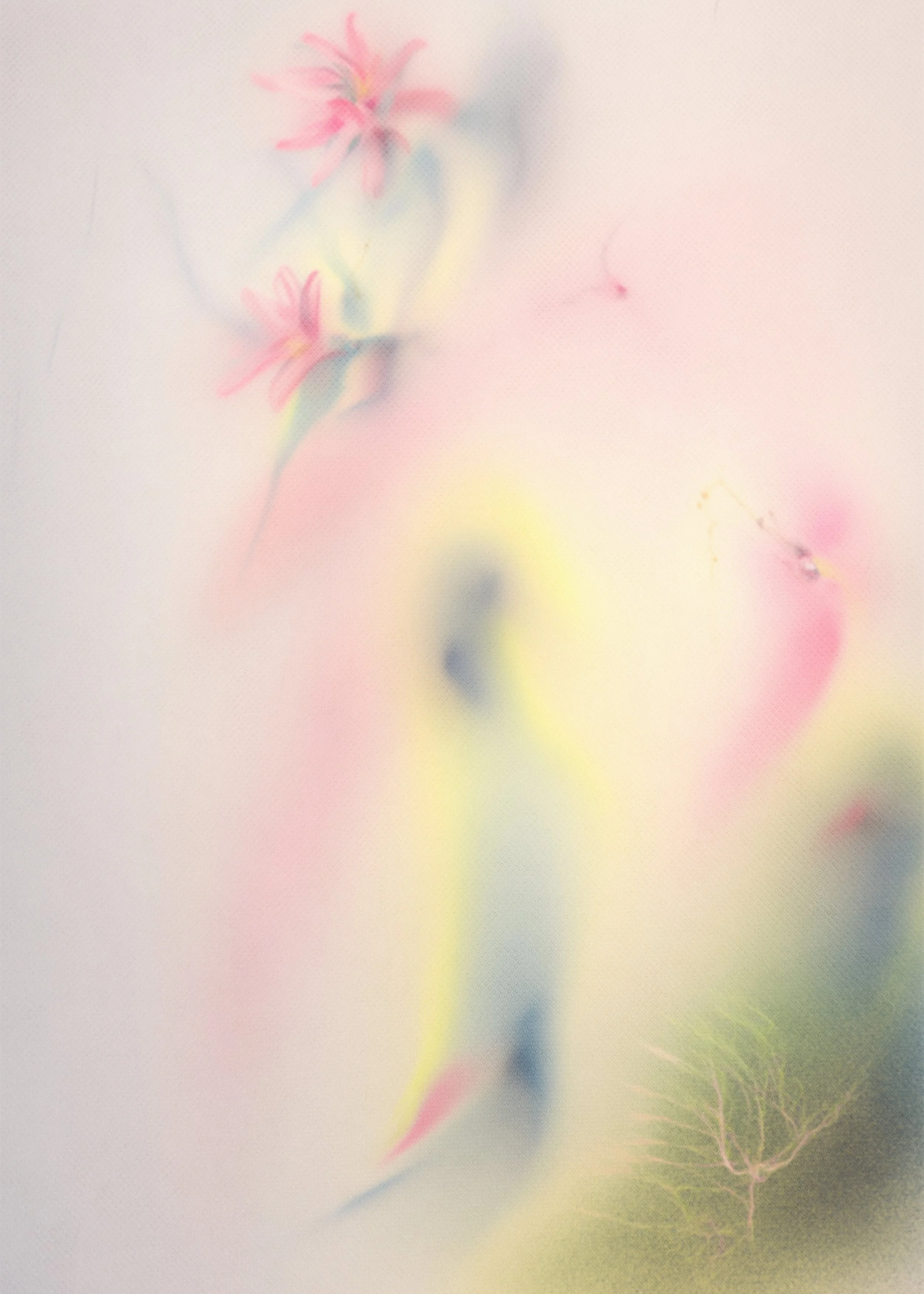 An abstract soft-focus image of pink flowers with green leaves, and a small branch, set against a pastel pink, yellow, and green background.