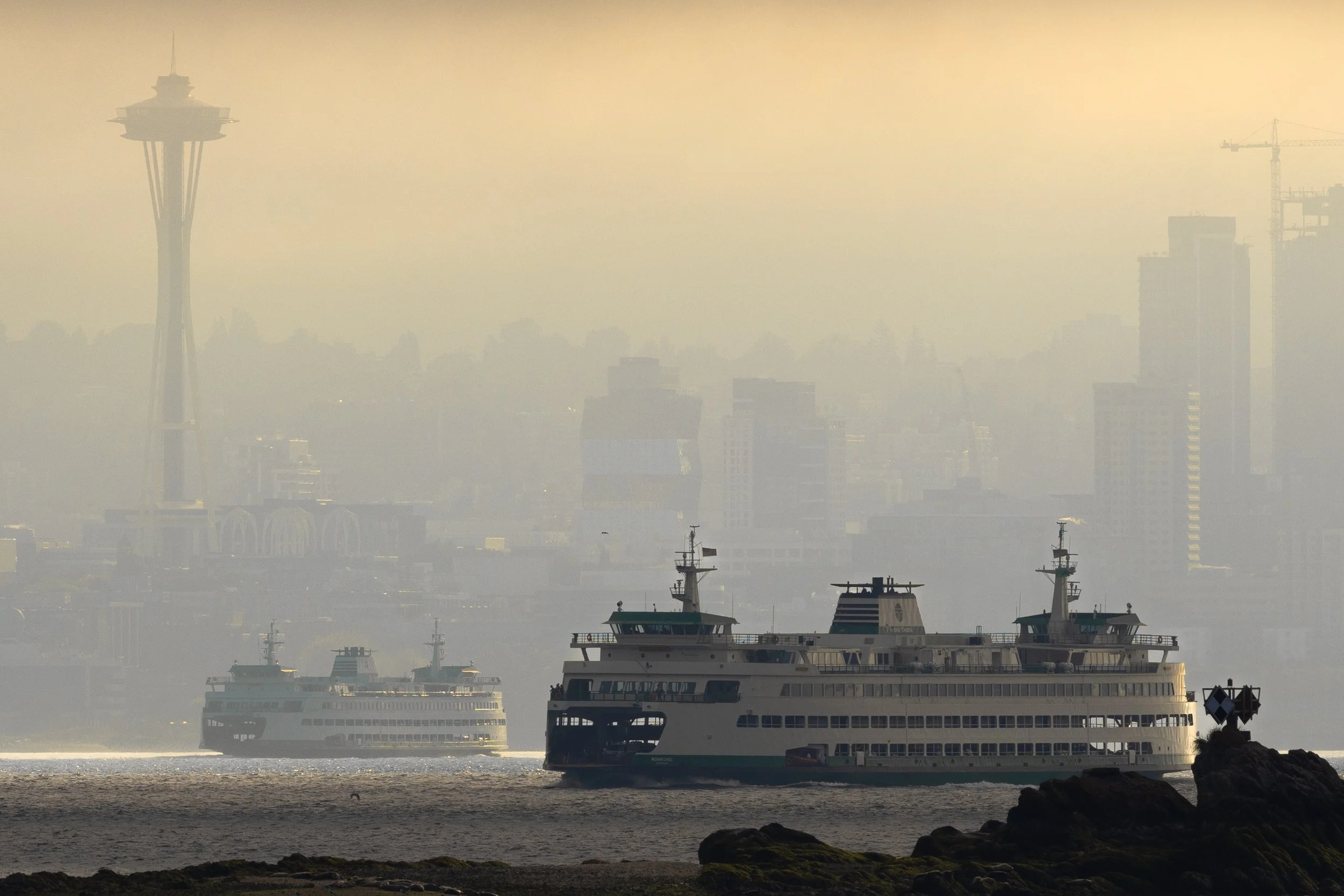 Washington State Ferry approaching Seattle from Bainbridge Island through the morning fog