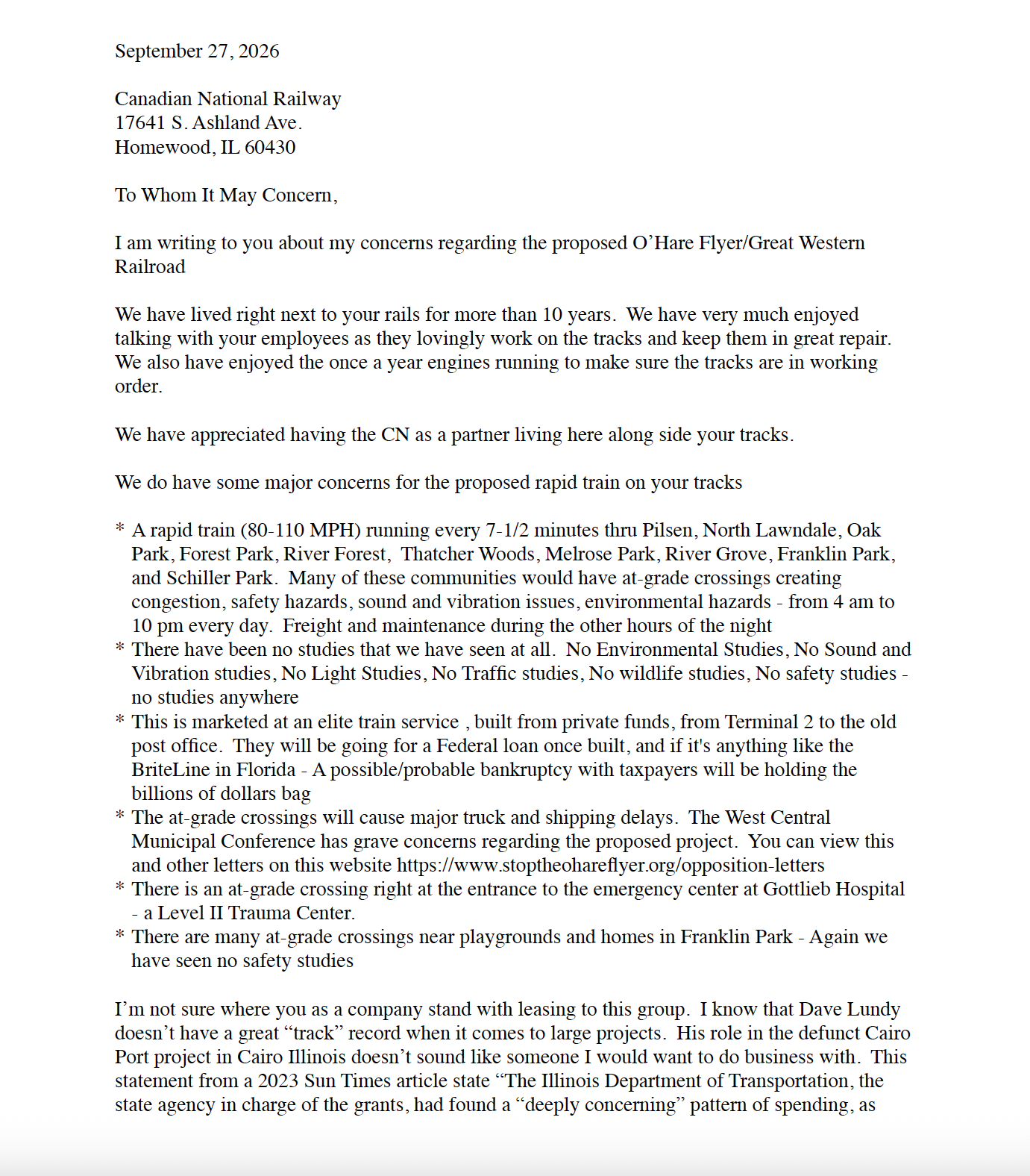 Letter to Canadian National Railway