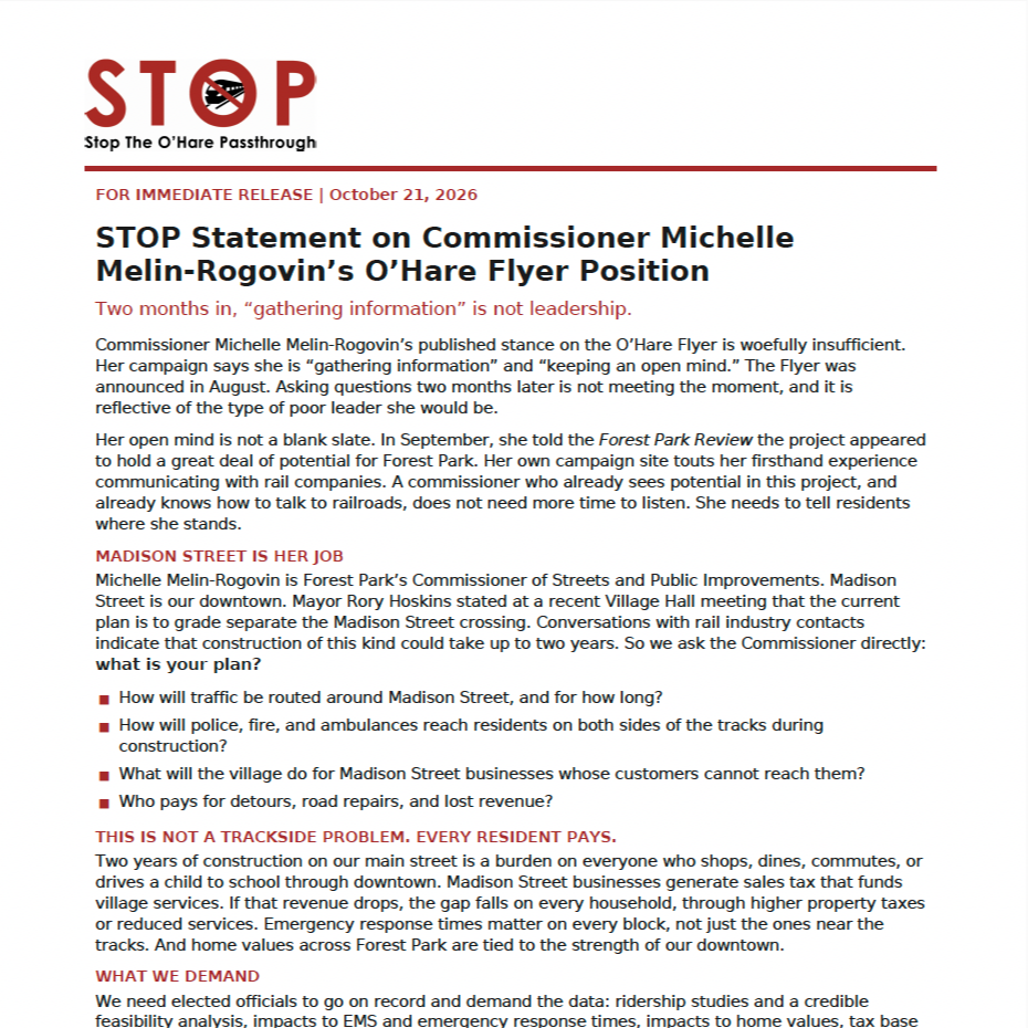 STOP does not endorse Michelle Melin-Rogovin for Mayor of Forest Park.