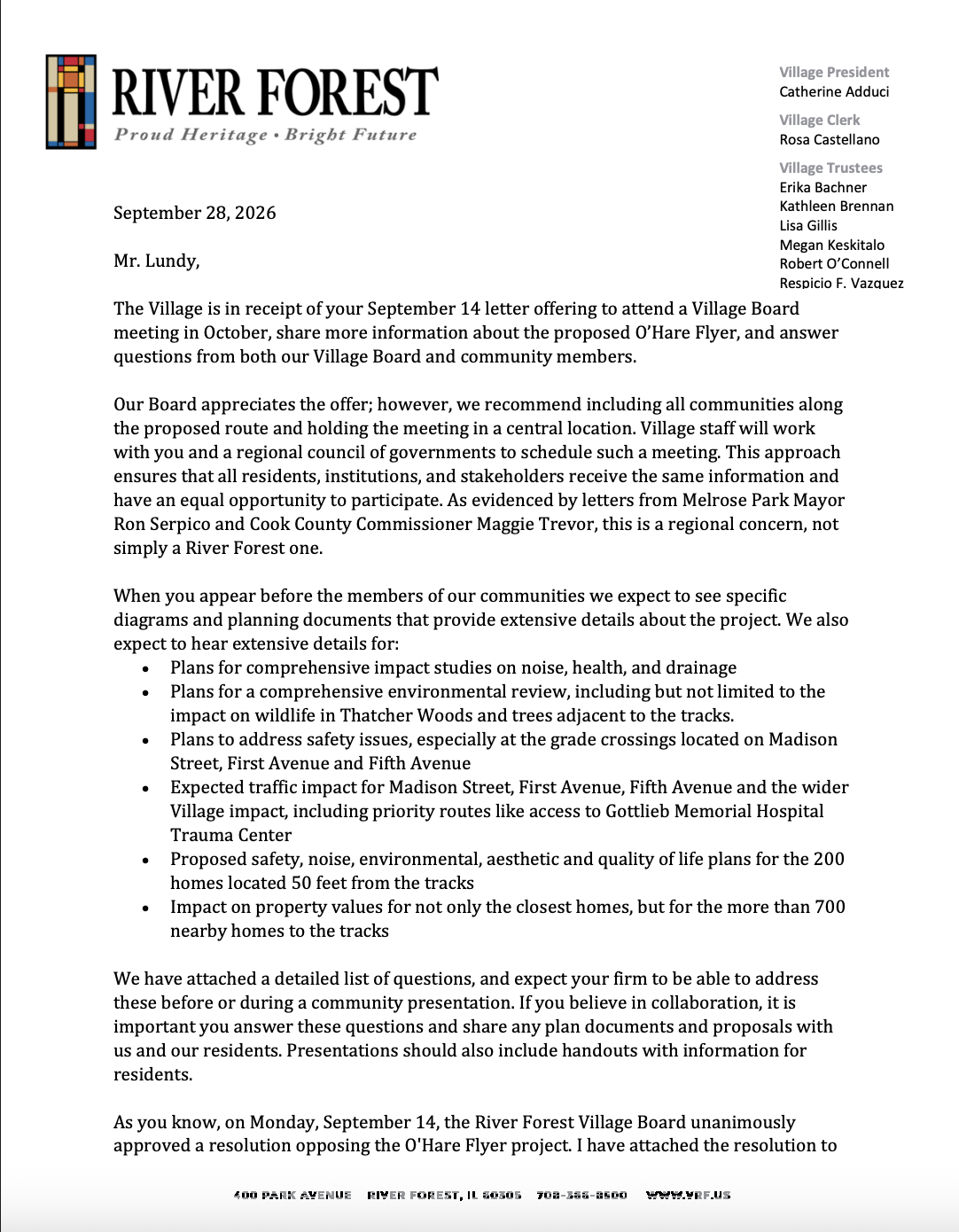 September 28, 2026 — River Forest Village Board
Response to the sponsors, with 50 questions

The board declines a River Forest-only meeting and asks instead for a single regional session covering every community on the route. It sets out what it expe