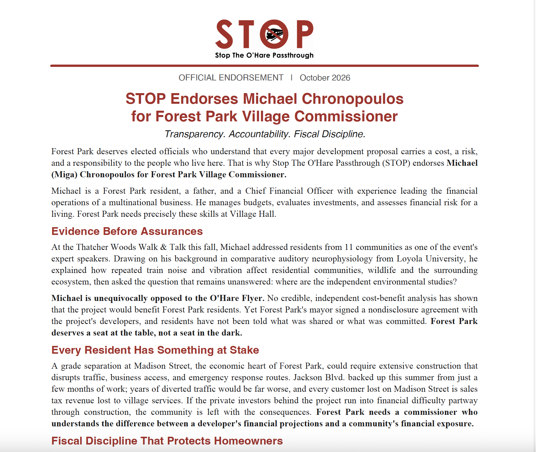 STOP endorses Michael Chronopoulos for Forest Park Village Commissioner