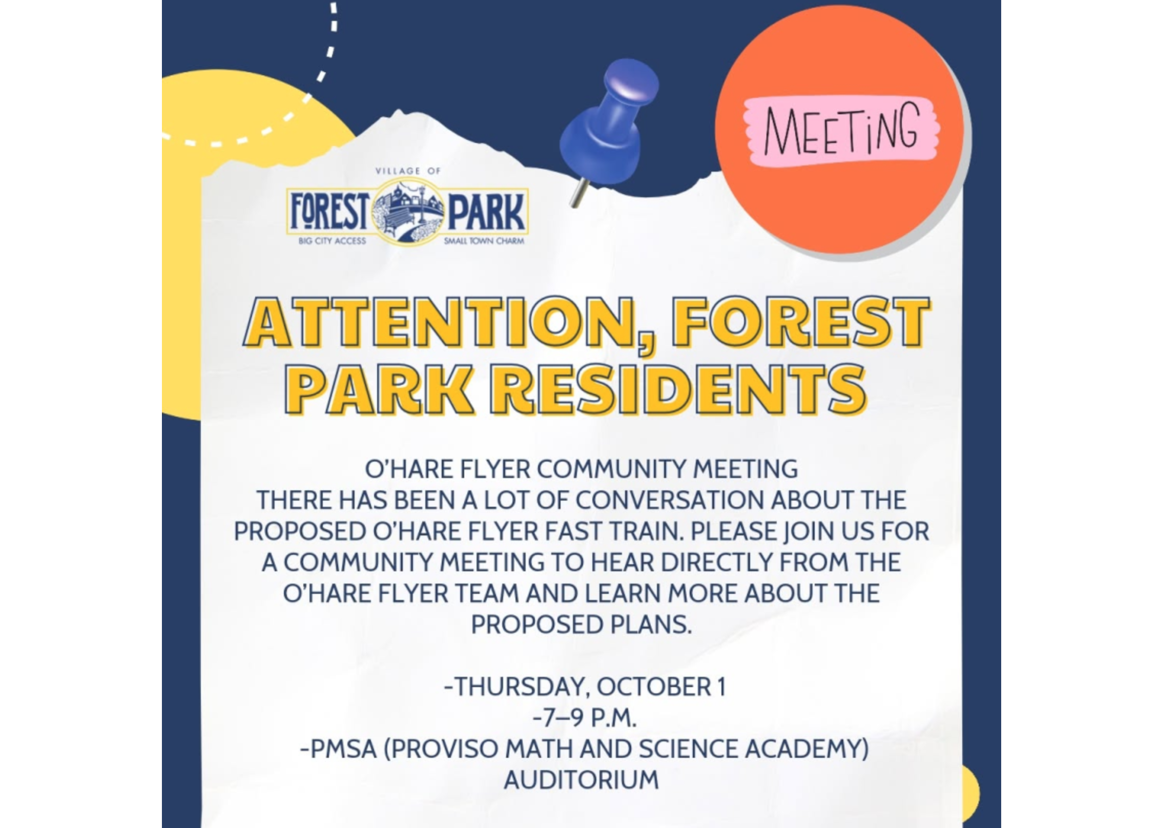 The Village of Forest Park is hosting a community meeting with the O’Hare Flyer team on Thursday, October 1. It is the first time the company has agreed to take questions from residents of a town on the line. Here is the meeting information, and five
