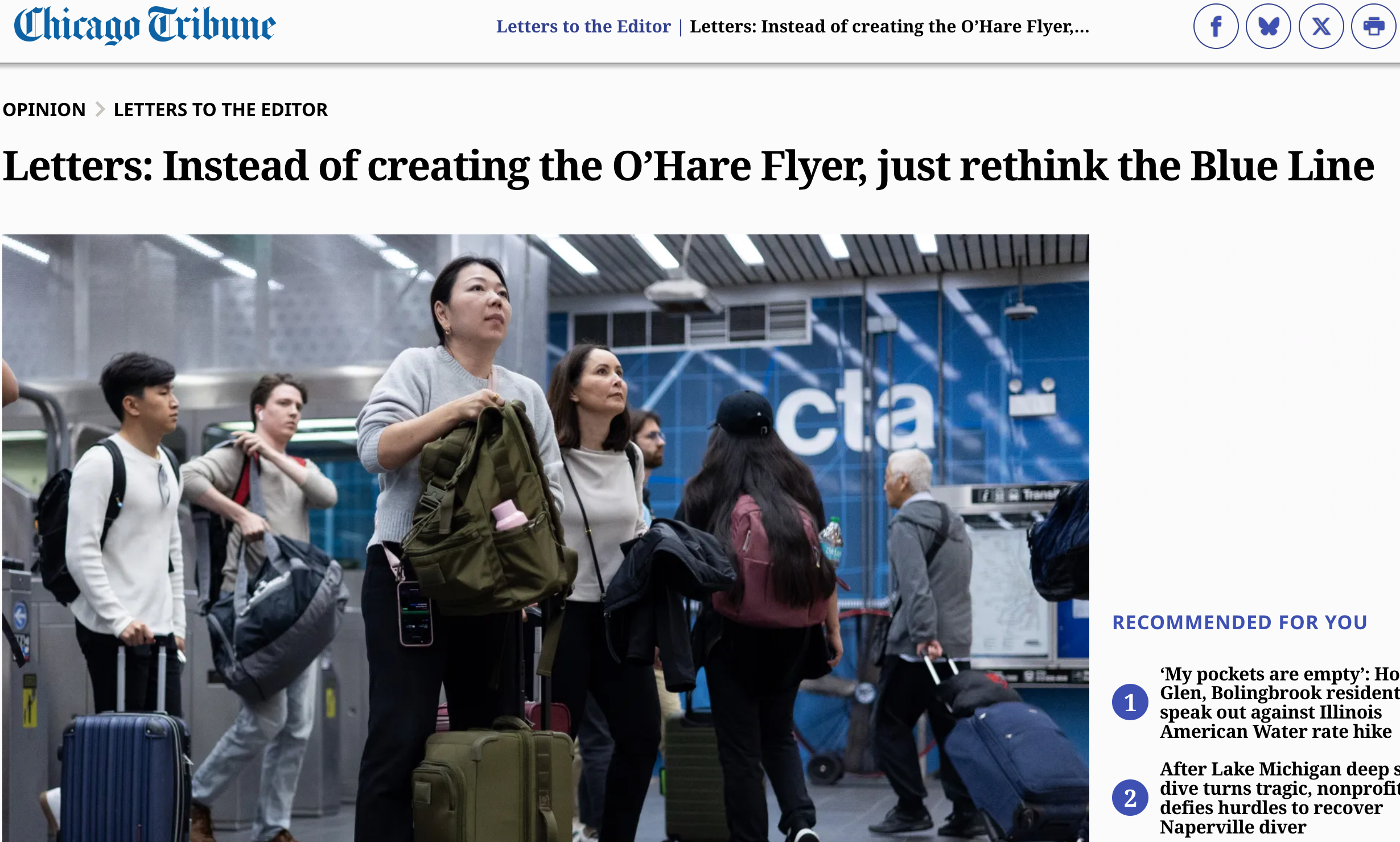 Chicago Tribune Letters to Rethink the Blue Line instead of creating the O'Hare Flyer.