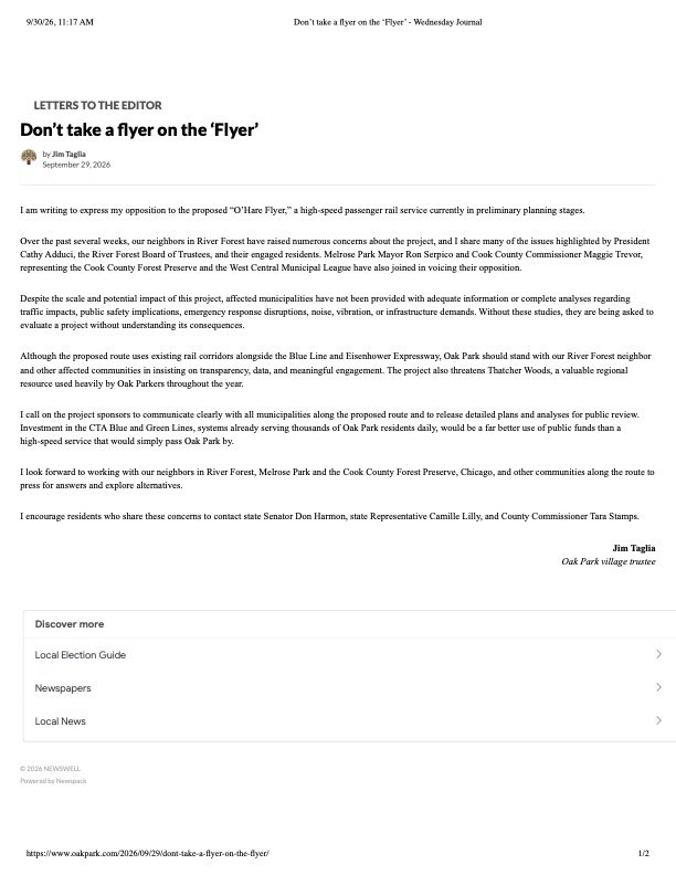 September 29, 2026
Jim Taglia
Oak Park Village Trustee

Writing in the Wednesday Journal, an Oak Park trustee states his opposition and says Oak Park should stand with River Forest and the other affected communities in insisting on transparency, data