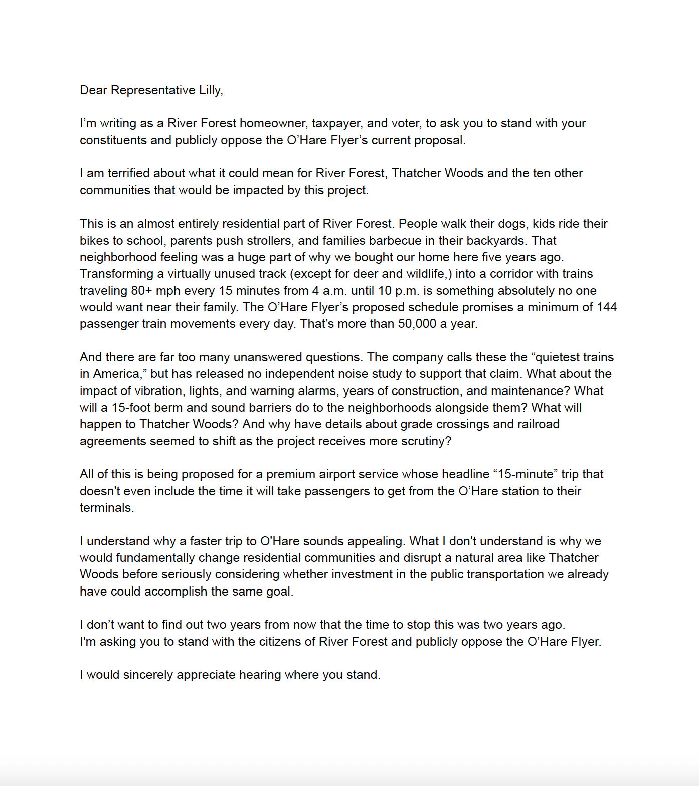 Letter to Representative Lilly