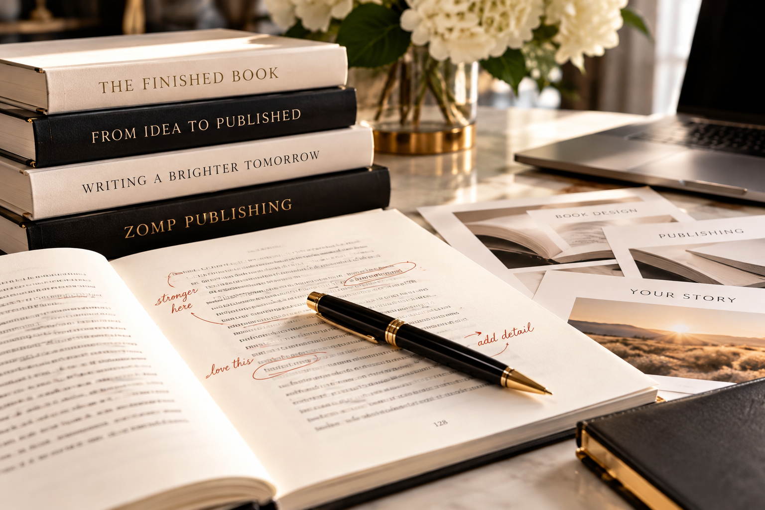 Open notebook with red handwritten notes and a black pen on a marble table. Behind are stacked black and white books titled 'The Finished Book', 'From Idea to Published', 'Writing a Brighter Tomorrow', and 'Zomp Publishing'. To the right are printed pages labeled 'Book Design', 'Publishing', and 'Your Story' with a landscape photograph of a sunset over a desert.
