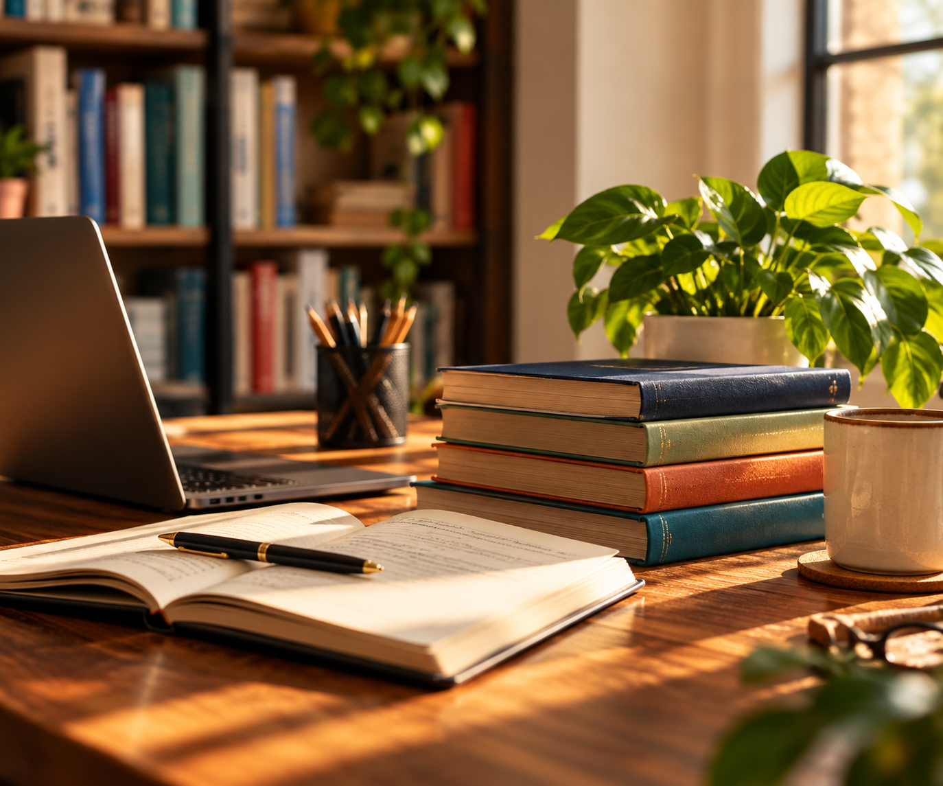 Sunlit home office desk with open notebook, pen, stack of colorful books, green potted plant, laptop, and coffee mug, with a bookshelf in the background.