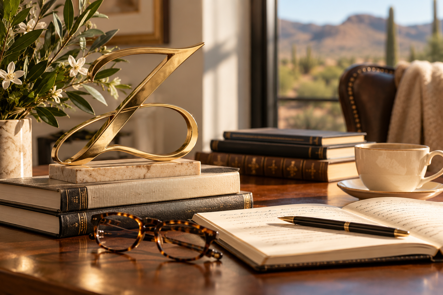 A desk with a gold decorative letter Z, a vase with green leaves and white flowers, a stack of books, a teacup and saucer, an open notebook with a pen, and pairs of glasses, set against a window with a desert landscape and mountains in the background.