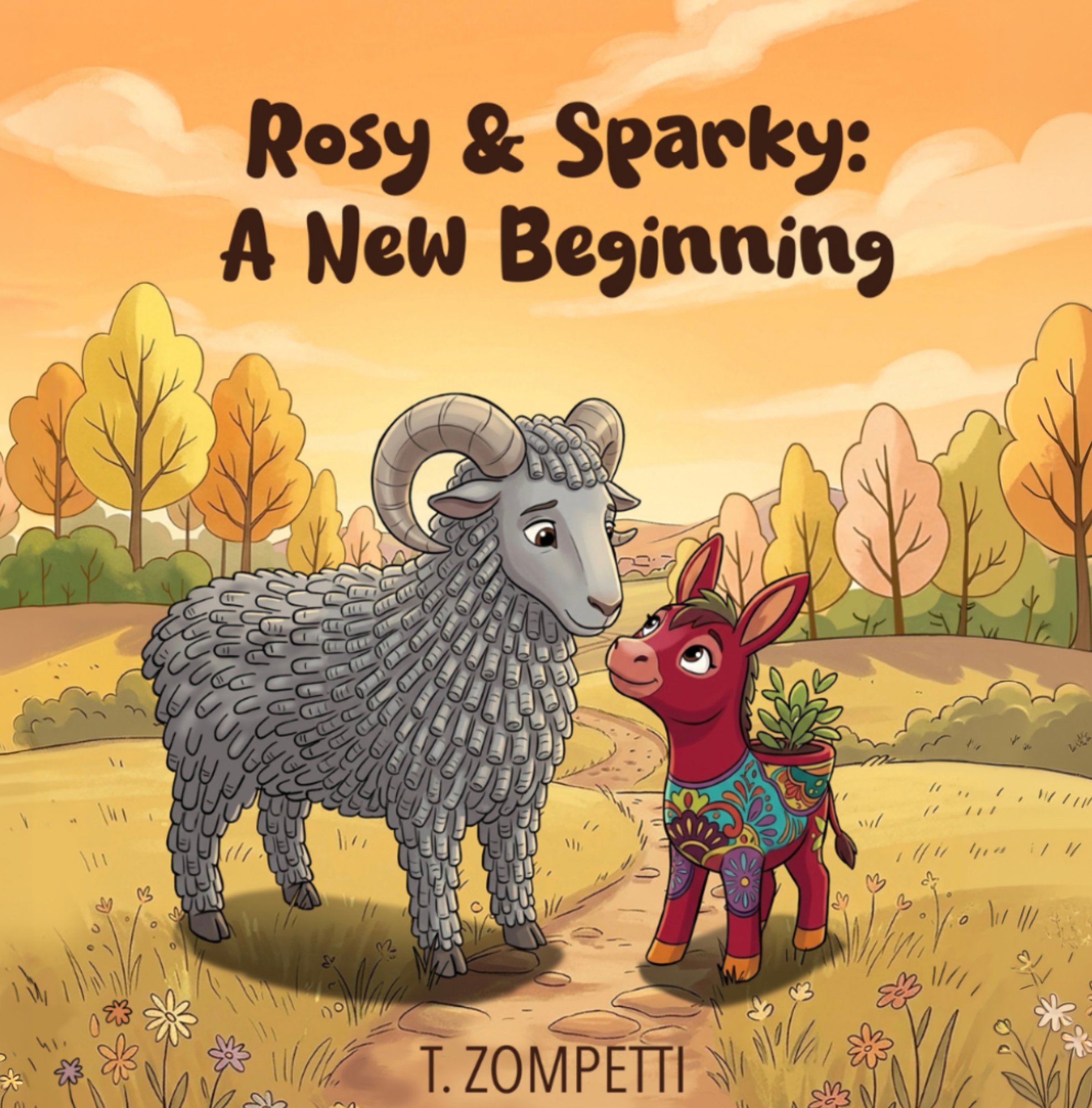 Illustration of a ram with large curved horns and a red fox with colorful patterns on its body, standing on a path in a landscape with trees and flowers, under a sky with clouds and an orange-yellow hue, with the title 'Rosy & Sparky: A New Beginning' at the top and the author's name 'T. Zompetti' at the bottom.