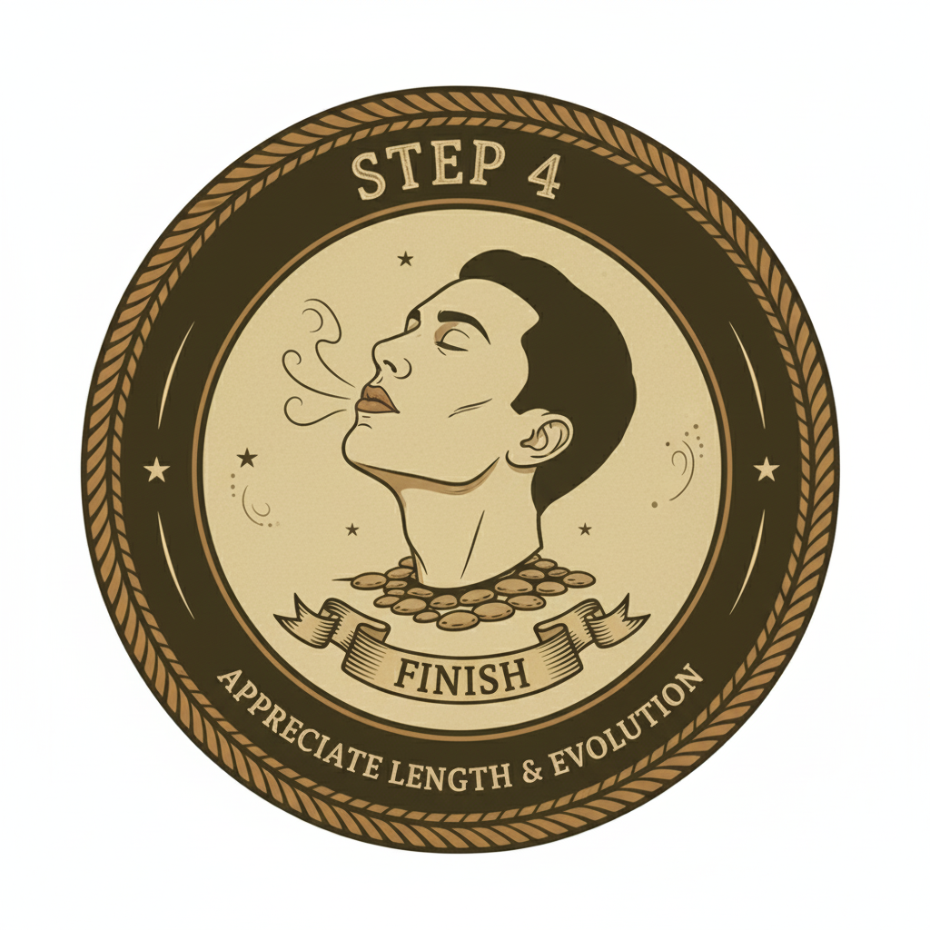 A circular badge with a woman's profile exhaling smoke, surrounded by a decorative border. Text reads 'Step 4,' 'Finish,' and 'Appreciate Length & Evolution.'