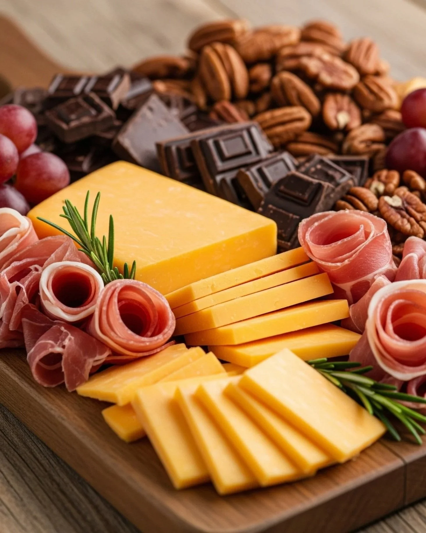 A cheese and charcuterie board with sliced cheese, rolled prosciutto, grapes, chocolate, pecans, and fresh rosemary on a wooden platter.