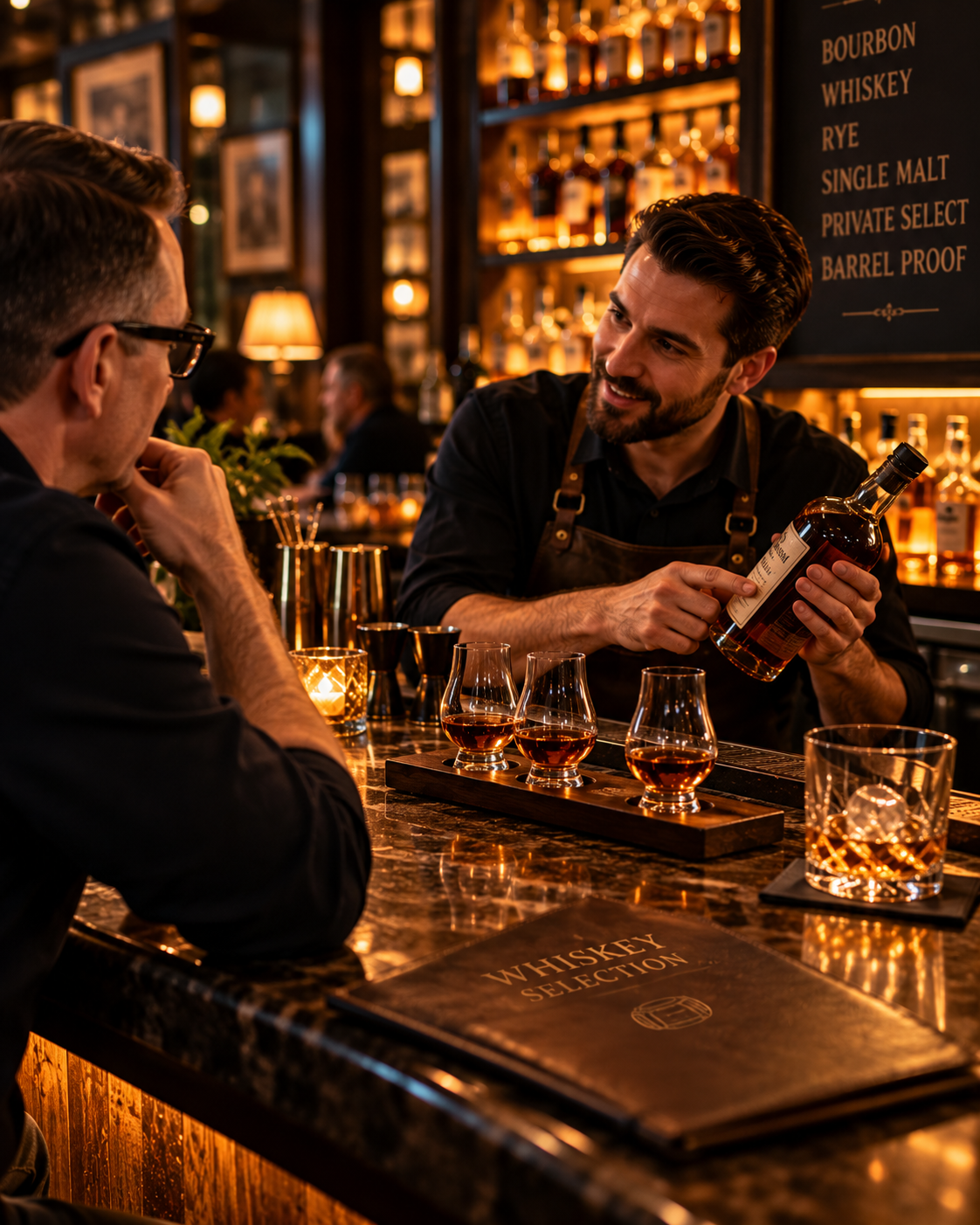 A bartender is showing a bottle of whiskey to a customer in a warmly lit bar. There are several whiskey glasses with whiskey on the bar counter, and a whiskey selection menu is visible on the desk.