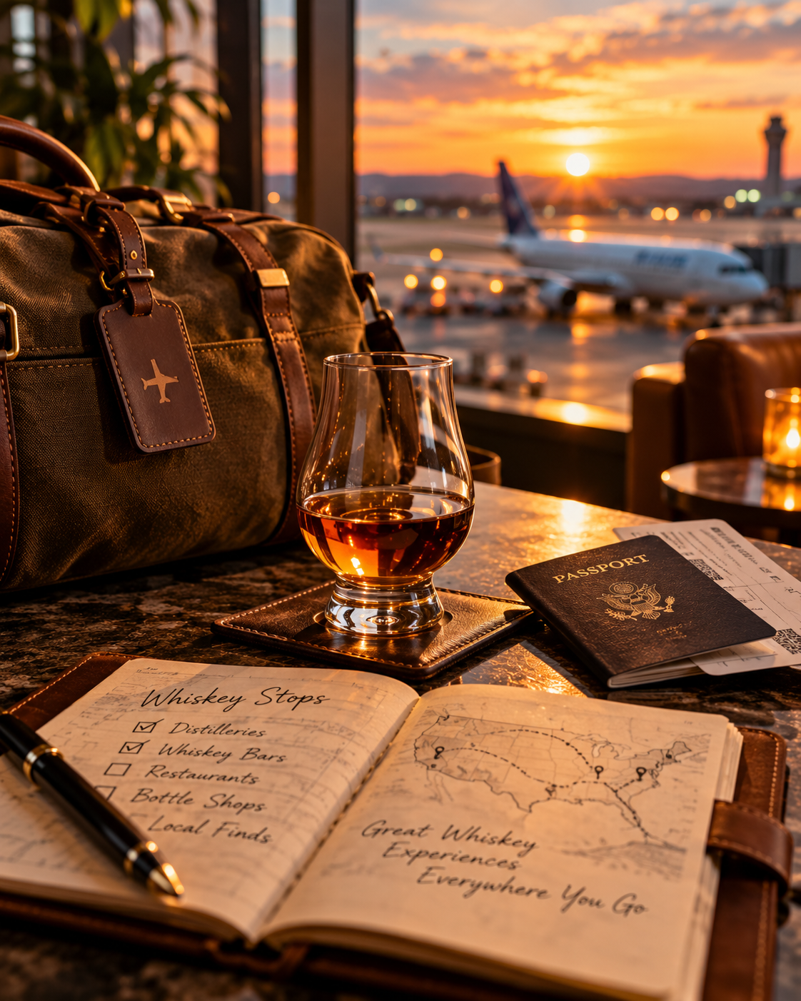 Airport lounge table with a glass of whiskey, a traveler's leather bag, a passport, and a travel itinerary, with an airplane outside the window during sunset.
