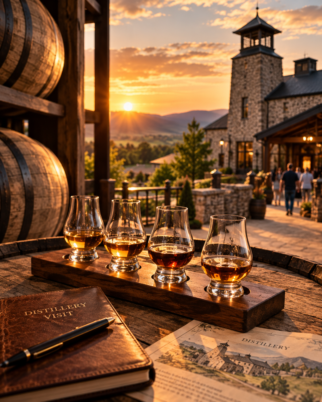 Four glasses of whiskey on a wooden tray at a distillery with a sunset view of mountains, a stone building, and a few people walking in the background.