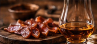Bacon strips on a wooden board with a glass of whiskey beside it