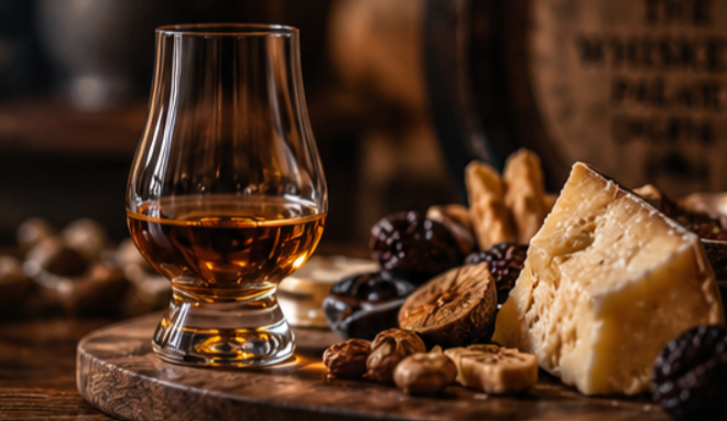 A glass of whiskey and assorted cheeses, nuts, and dried fruits on a wooden serving board.
