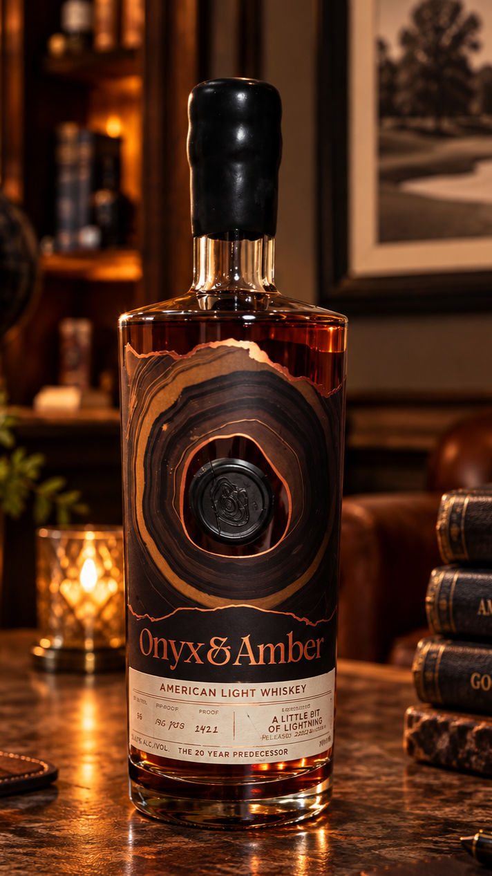 Bottle of Onyx & Amber American Light Whiskey on a wooden table in a warmly lit room.