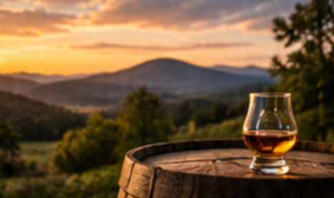 A glass of amber-colored liquor on a wooden barrel with a scenic sunset and mountains in the background.