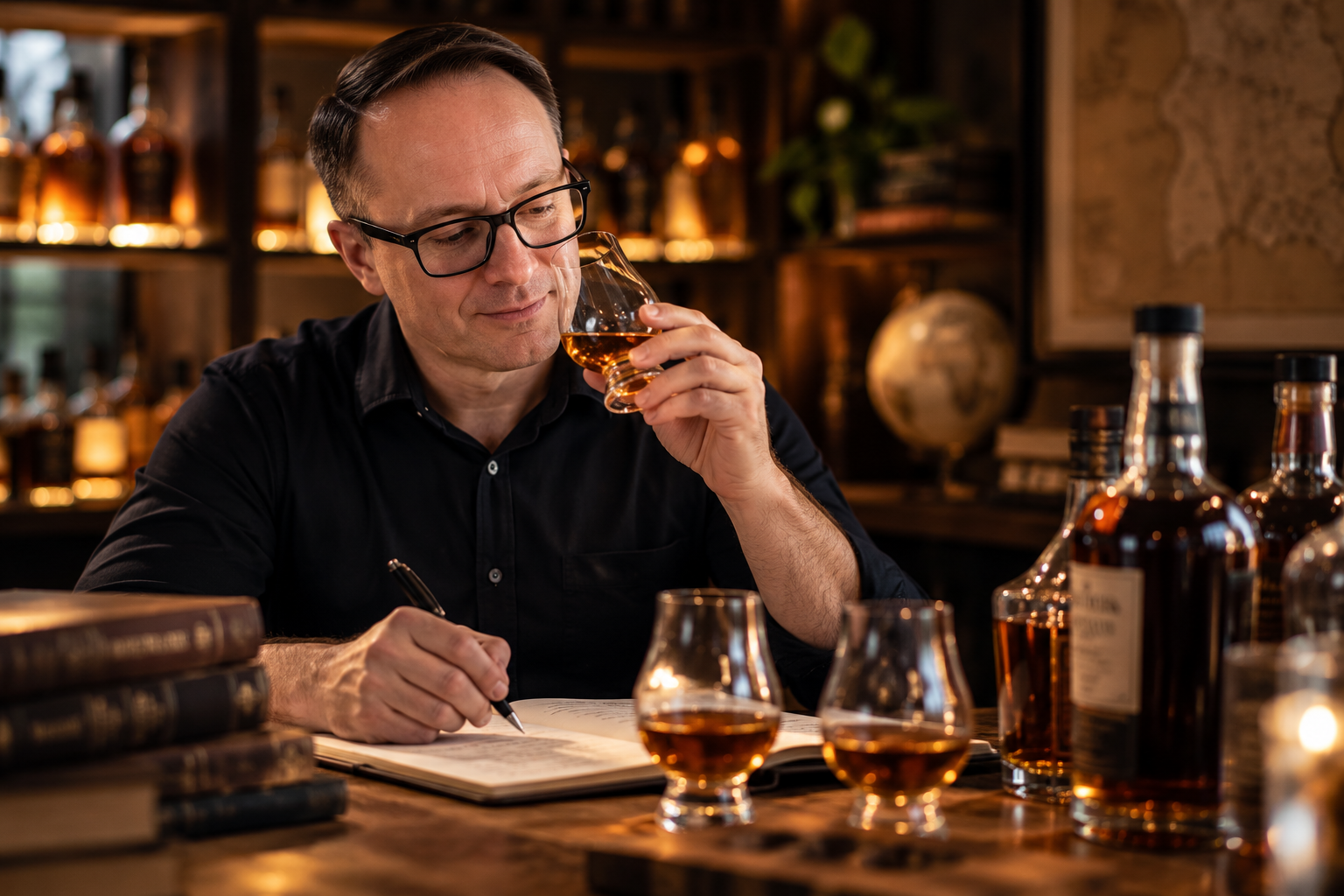 A man with glasses sitting at a wooden table, tasting a whiskey in a small glass, surrounded by bottles of whiskey and books, in a warmly lit bar or tasting room.