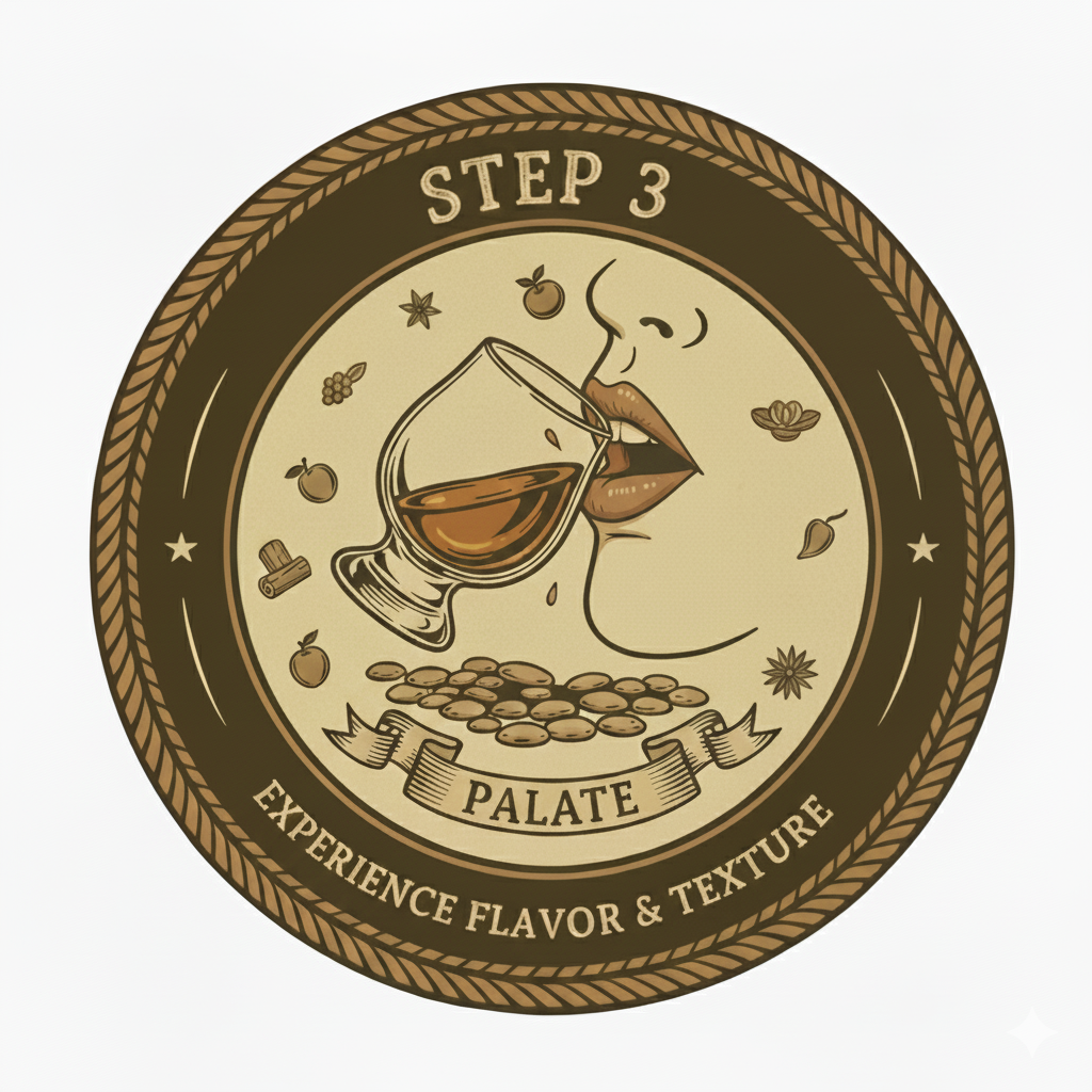 A circular graphic with the text 'Step 3' at the top and 'Experience flavor & texture' at the bottom, featuring an illustration of a woman with lips slightly parted, about to sip from a glass of whiskey, surrounded by coffee beans, spices, and herbs, with the word 'PALATE' on a banner.