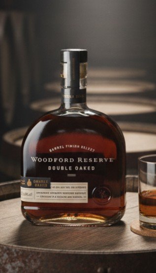 A bottle of Woodford Reserve Double Oaked bourbon whiskey next to a glass filled with bourbon on a wooden surface.