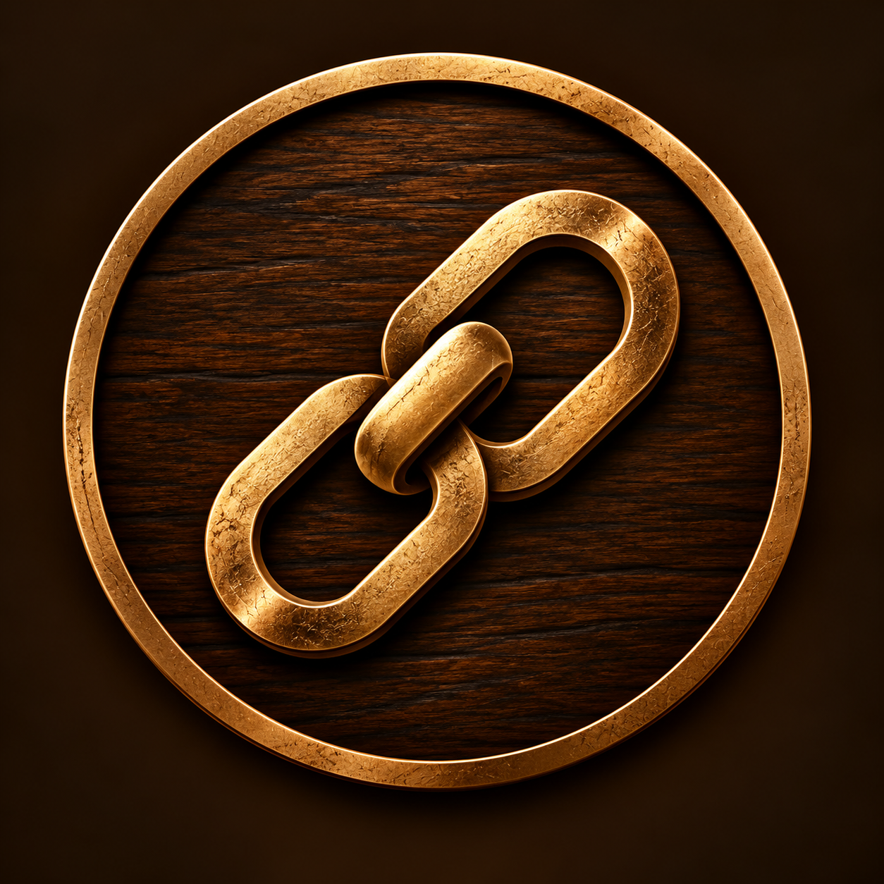 A gold chain link icon inside a round frame, mounted on a dark wooden background.