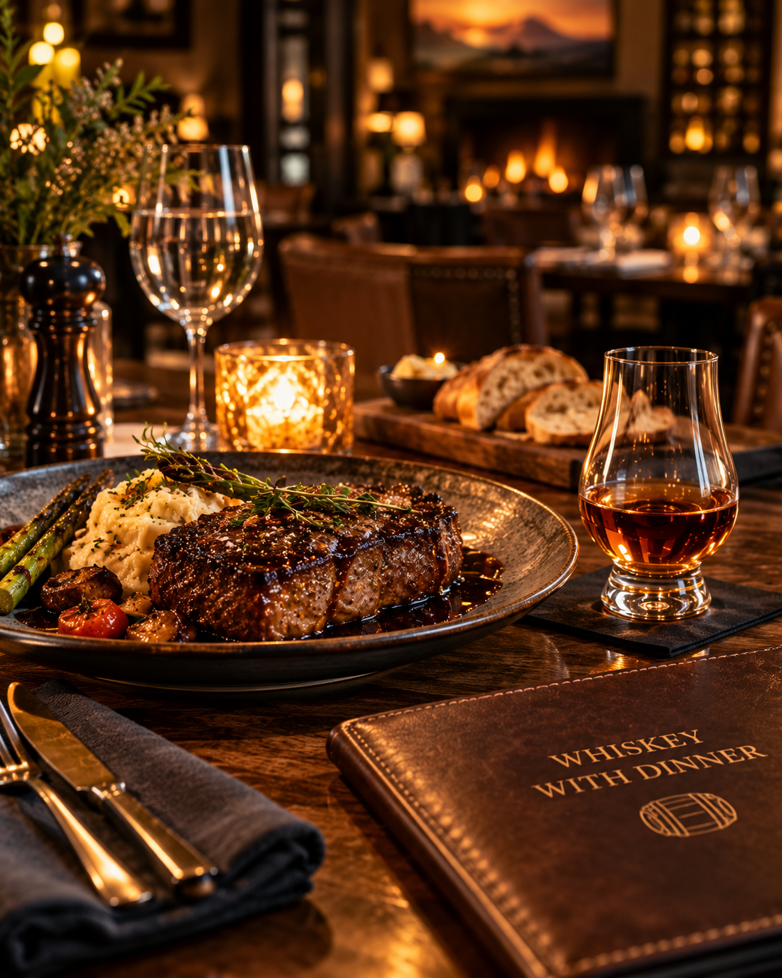 A dinner table with a steak, mashed potatoes, grilled asparagus, a glass of red wine, a lit candle, and a menu titled 'Whiskey with Dinner' in a cozy, dimly lit restaurant.