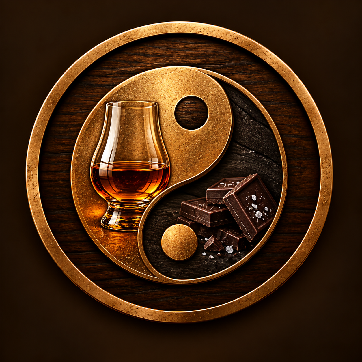 Decorative yin-yang symbol with a glass of whiskey and pieces of dark chocolate inside