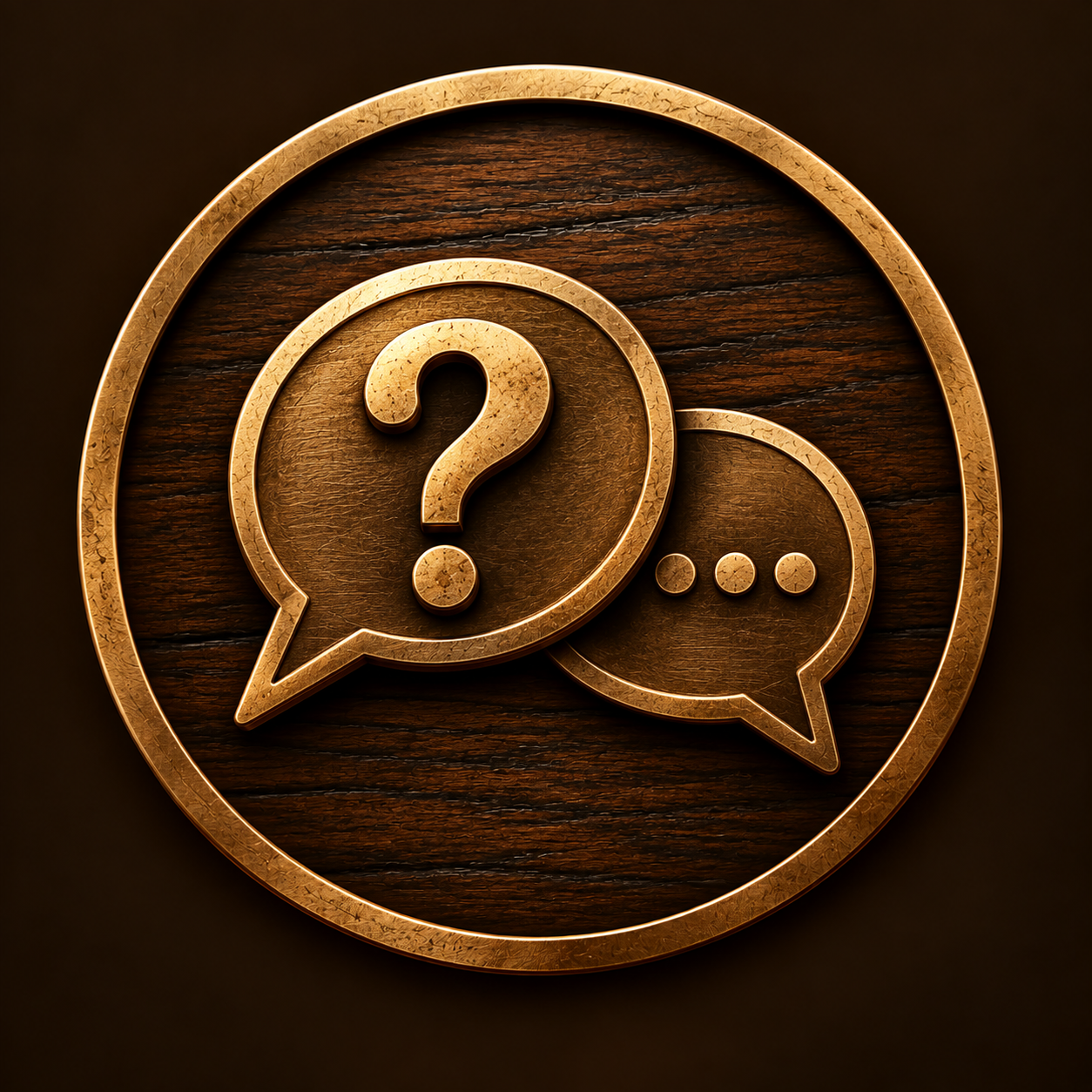 Golden question mark inside speech bubbles with speech dots, set on dark wooden background.