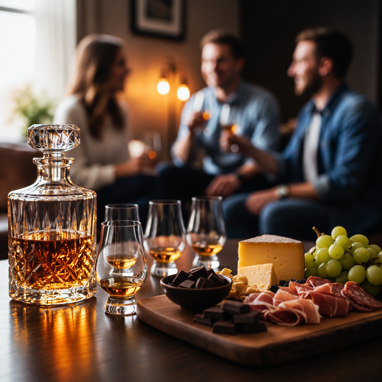A decanter of whiskey and three glasses filled with whiskey on a table with cheese, grapes, and chocolates, with three people in the background talking and laughing in a cozy, warmly lit living room.