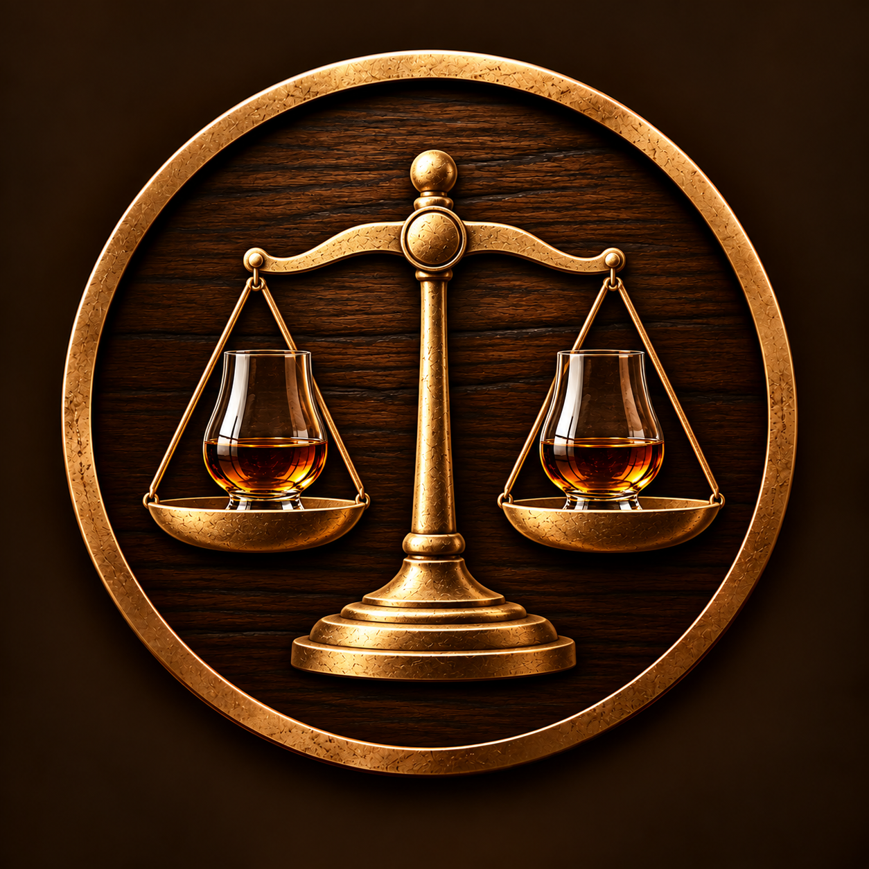 A decorative wall clock with a gold-colored balance scale design, holding two glasses of dark liquid, set against a wooden background.
