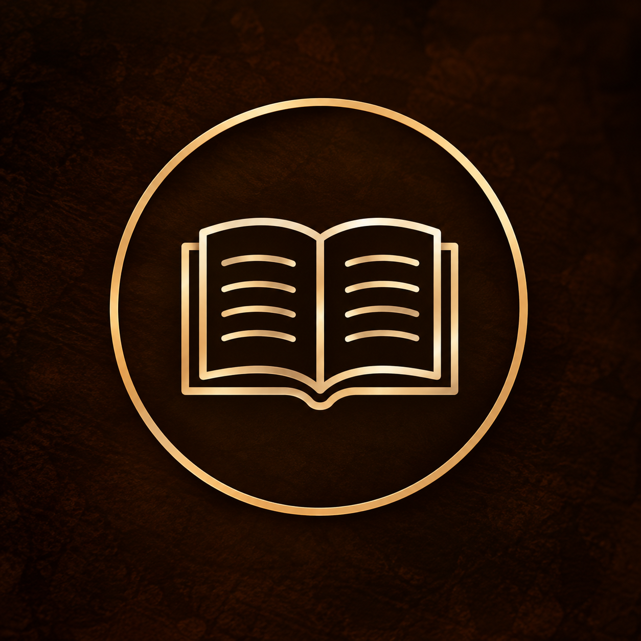 Gold neon sign of an open book inside a circular border on a dark background.