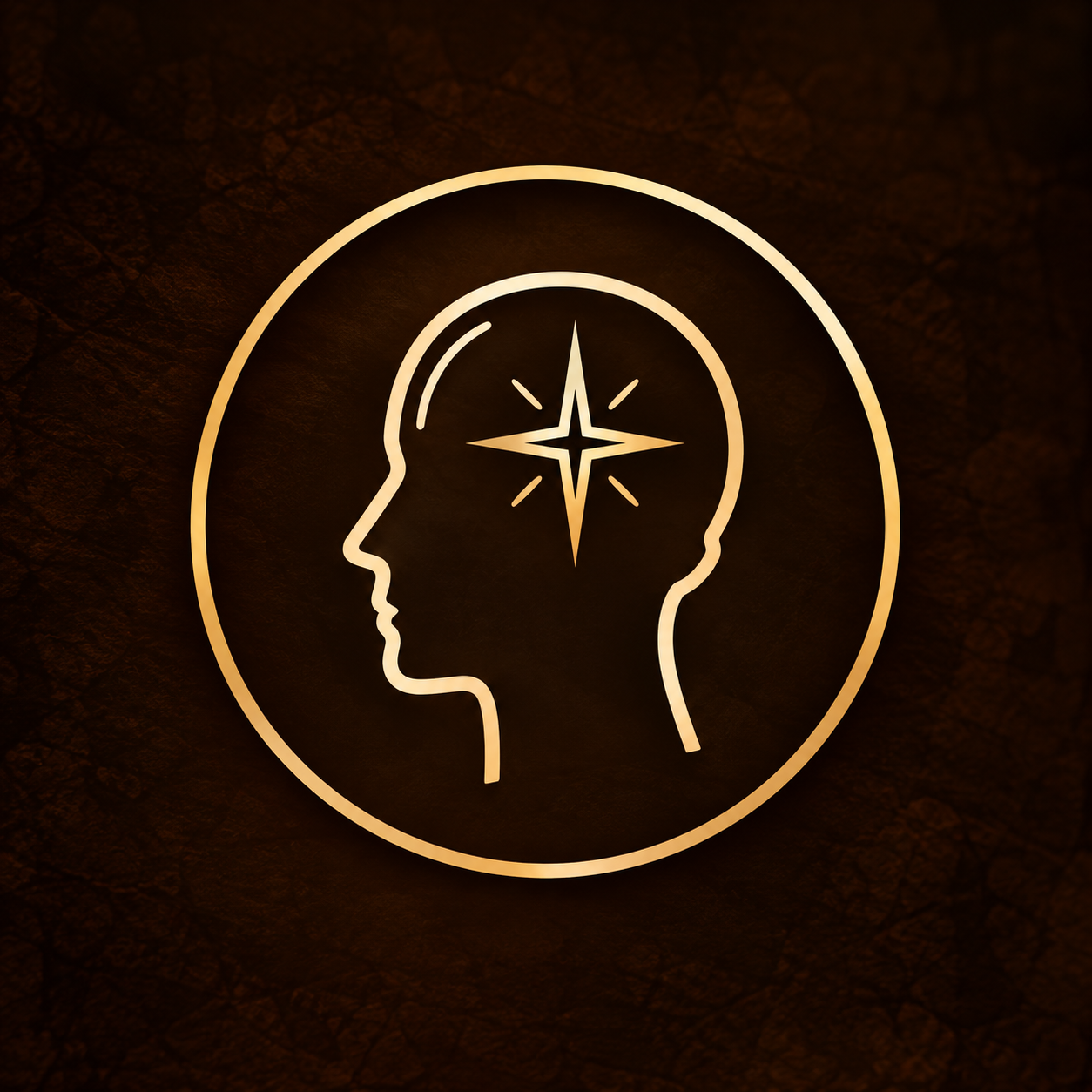 Neon sign featuring a human head outline with a star-shaped design inside the brain area, on a dark textured background.